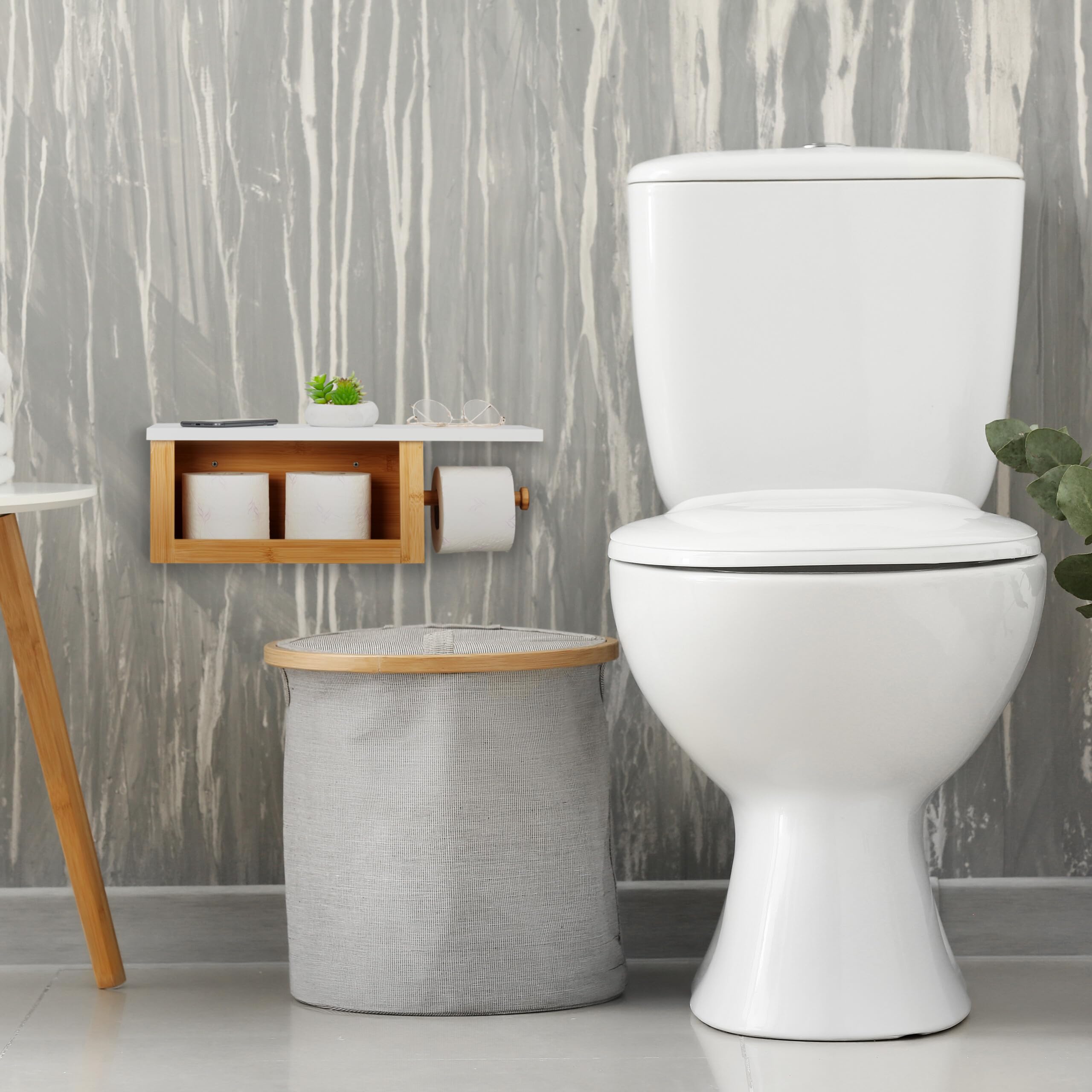 Relaxdays Portarrollos Baño Repisa, Dispensador Rollo Bambú, Compartimento Abierto, 17x50x18 cm, Pared, Natural y Blanco