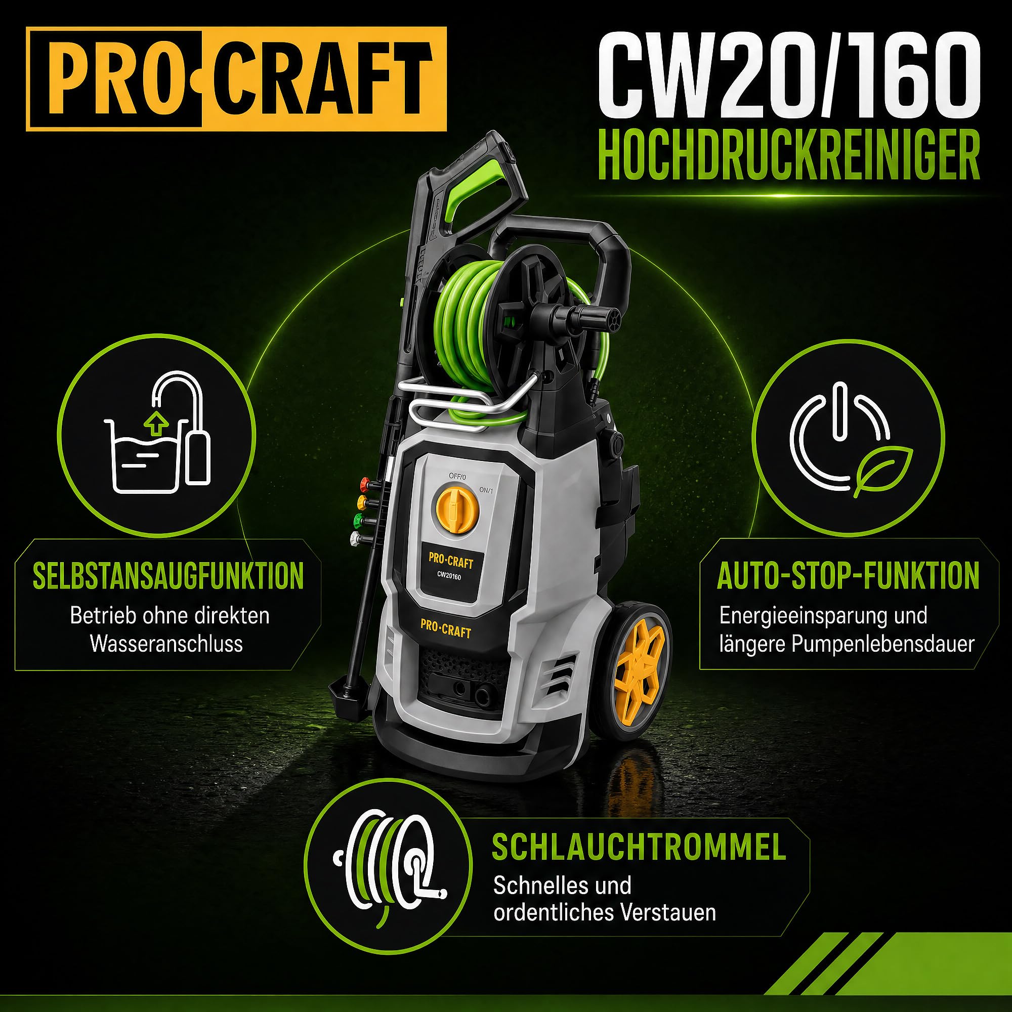 Procraft CW2.0/160 - Hidrolimpiadora de agua fría (2000 W, 160 bar, 7,5 l/min, incluye accesorios)