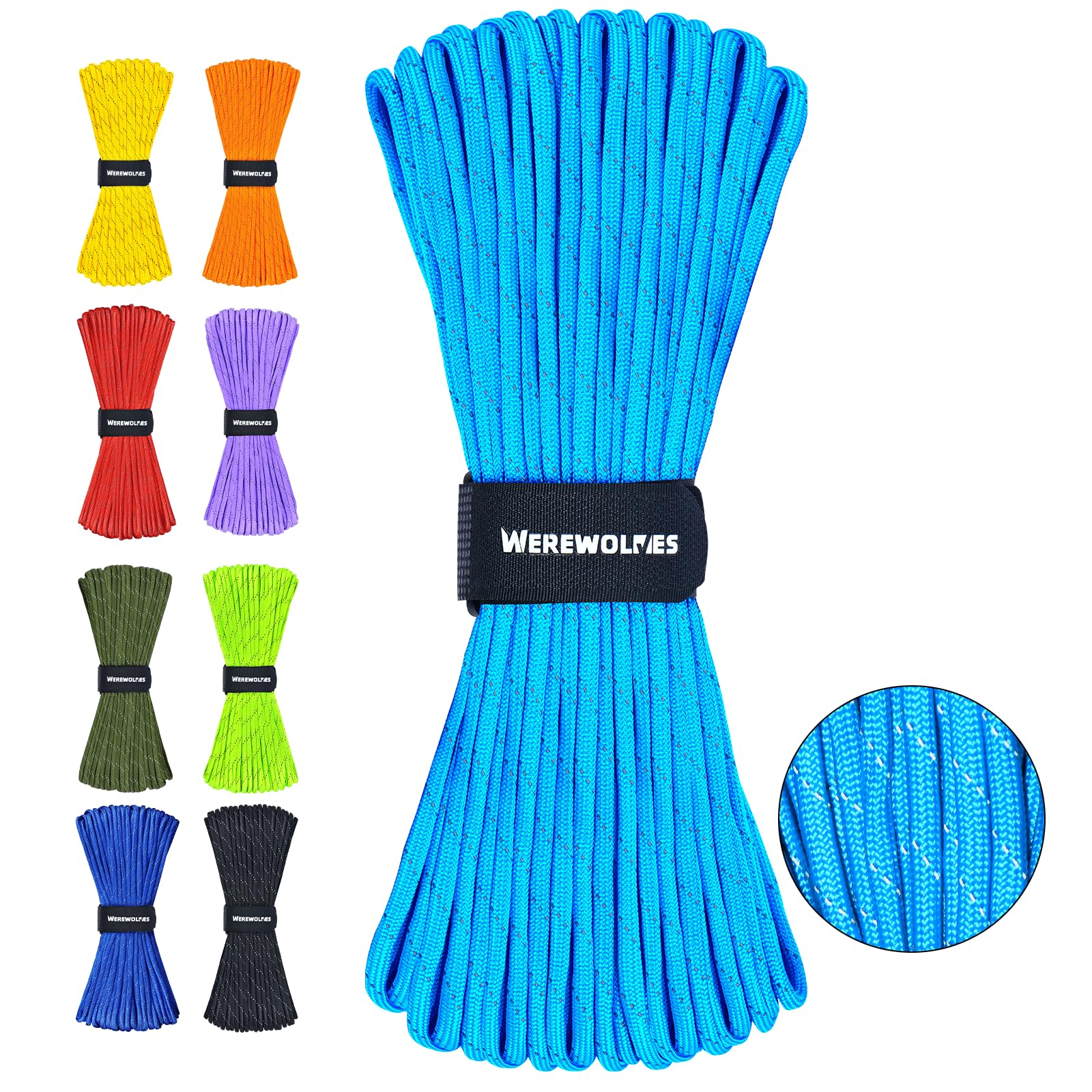 WEREWOLVES Reflective Paracord Rope 100FT, 7 Strand Type III Parachute Cord 4mm Thin Tent Rope for Outdoor Camping Hiking (Lake Blue, 100FT)