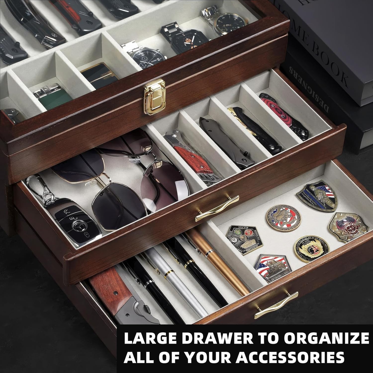 Emfogo Pocket Knife Display Case for Collection of 32-38 Folding Knives, Pocket Case with Real Glass Window Top, Three-Tier Knife Organizer Storage Box, Men's Gift (Walnut)