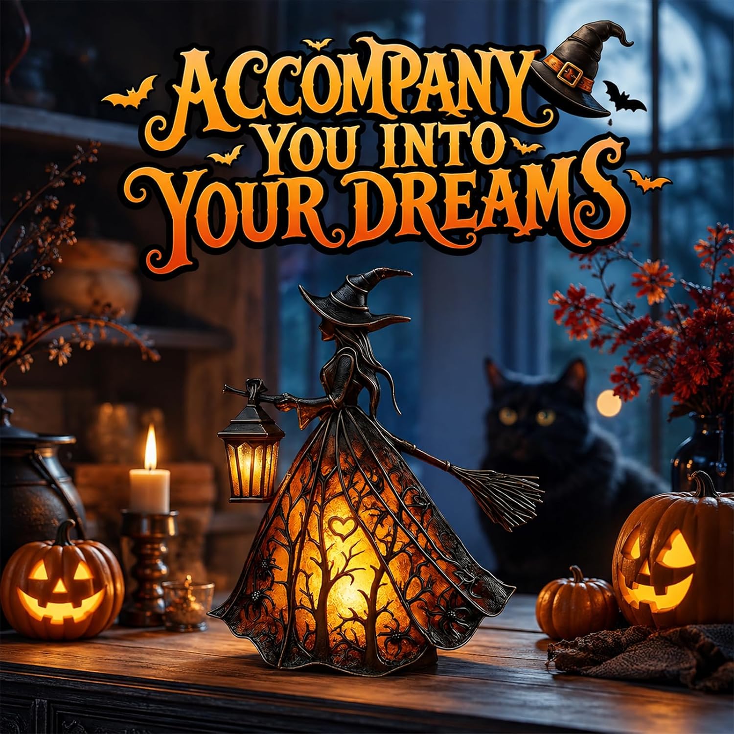 Halloween Witch Lamp, Gothic Witch Hat Table Lamp, Spooky LED Night Light Ambiance Lighting for Home Room Party Decor, with USB Plug, 6.3" image 2