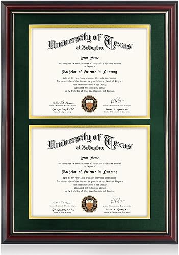 GraduationMall Marco de diploma doble de 8.5 x 11 pulgadas, madera maciza y acrílico con protección UV, acabado cereza con borde dorado, verde