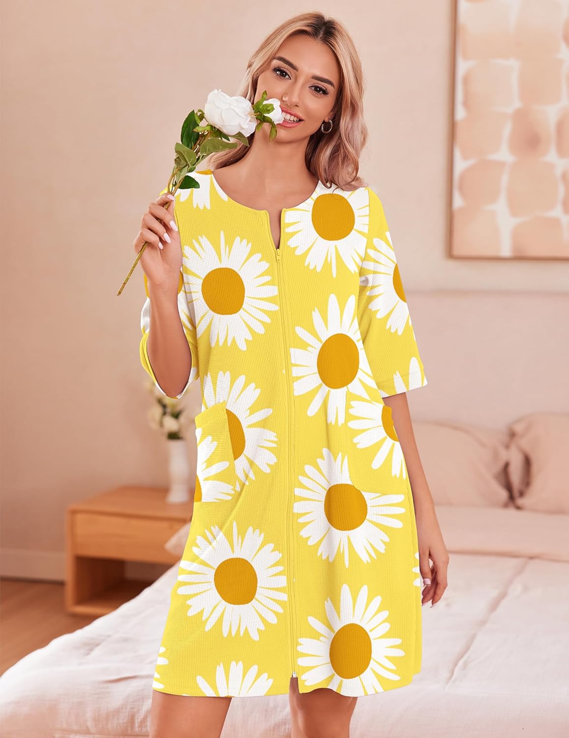 Ekouaer Zip Up Robes for Women Short Waffle Bathrobe Lightweight house coat 3/4 Sleeve Soft Nightgown with Pockets S-3XL - Image 3