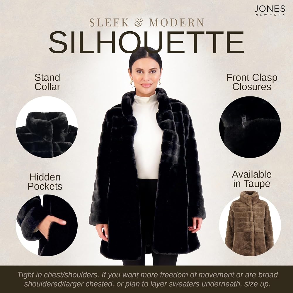 Jones New York Long Faux Fur Coat for Women - Fake Fur Jacket