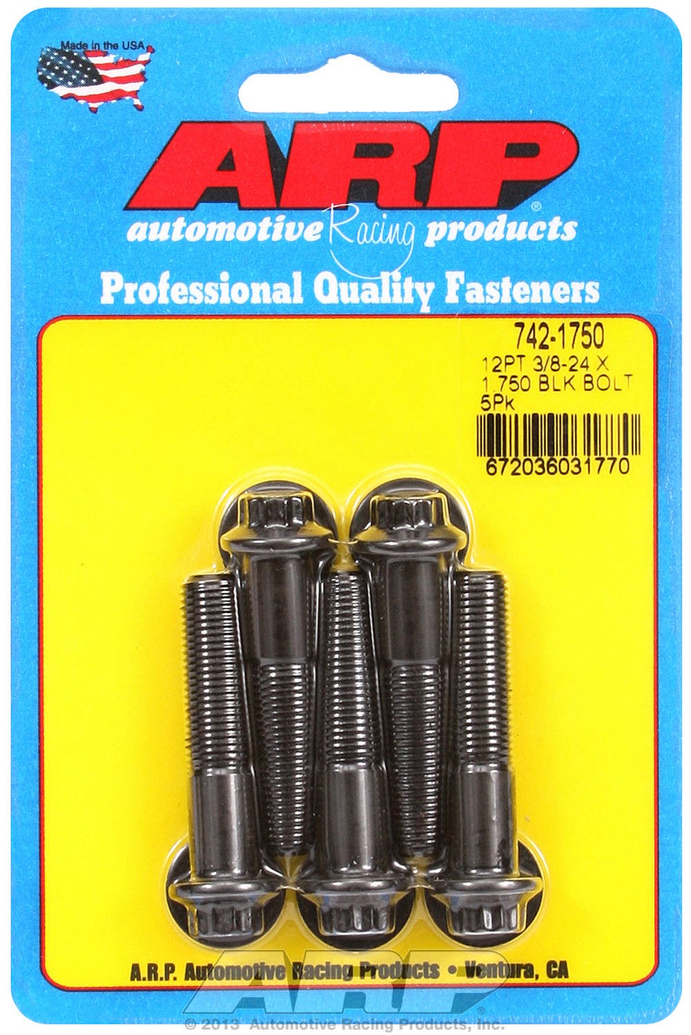 ARP 742-1750 Black Oxide 3/8-24" Fine RH Thread 1.750" UHL 12-Point Bolt with 3/8" Socket and Washer, (Set of 5)
