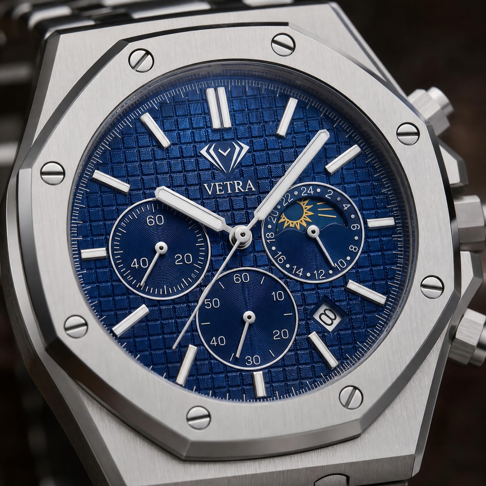 Vetra Orologi da uomo ottagonali di lusso multifunzione orologi per uomo analogico fasi lunari quadrante blu in acciaio inossidabile luminoso impermeabile data regalo per uomo Relojes para Hombres