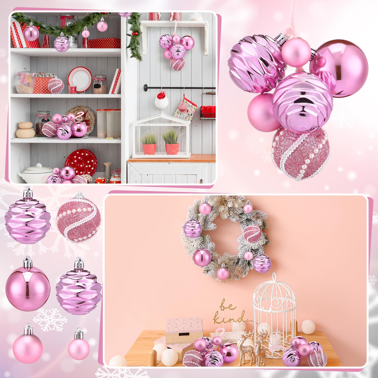 Soulchen Lot de 6 grappes de boules de Noël roses à paillettes à suspendre à la main pour décoration d'intérieur de Noël - 3 à 6,1 cm