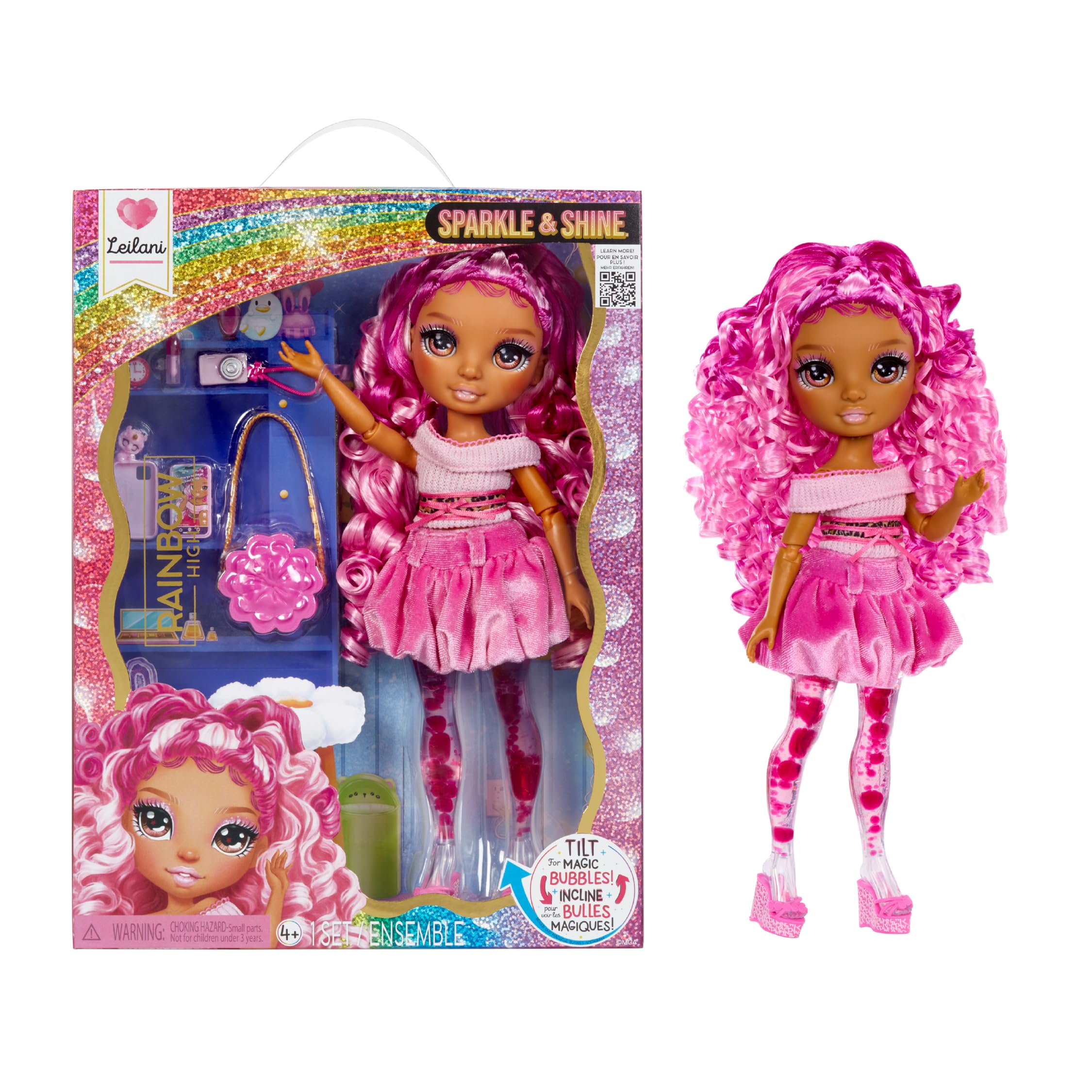 Rainbow High Sparkle & Shine Doll, Leilani, 28cm Fashion Doll with Pink Hair and Magic Bubbles in Legs, Colour, Style, Play