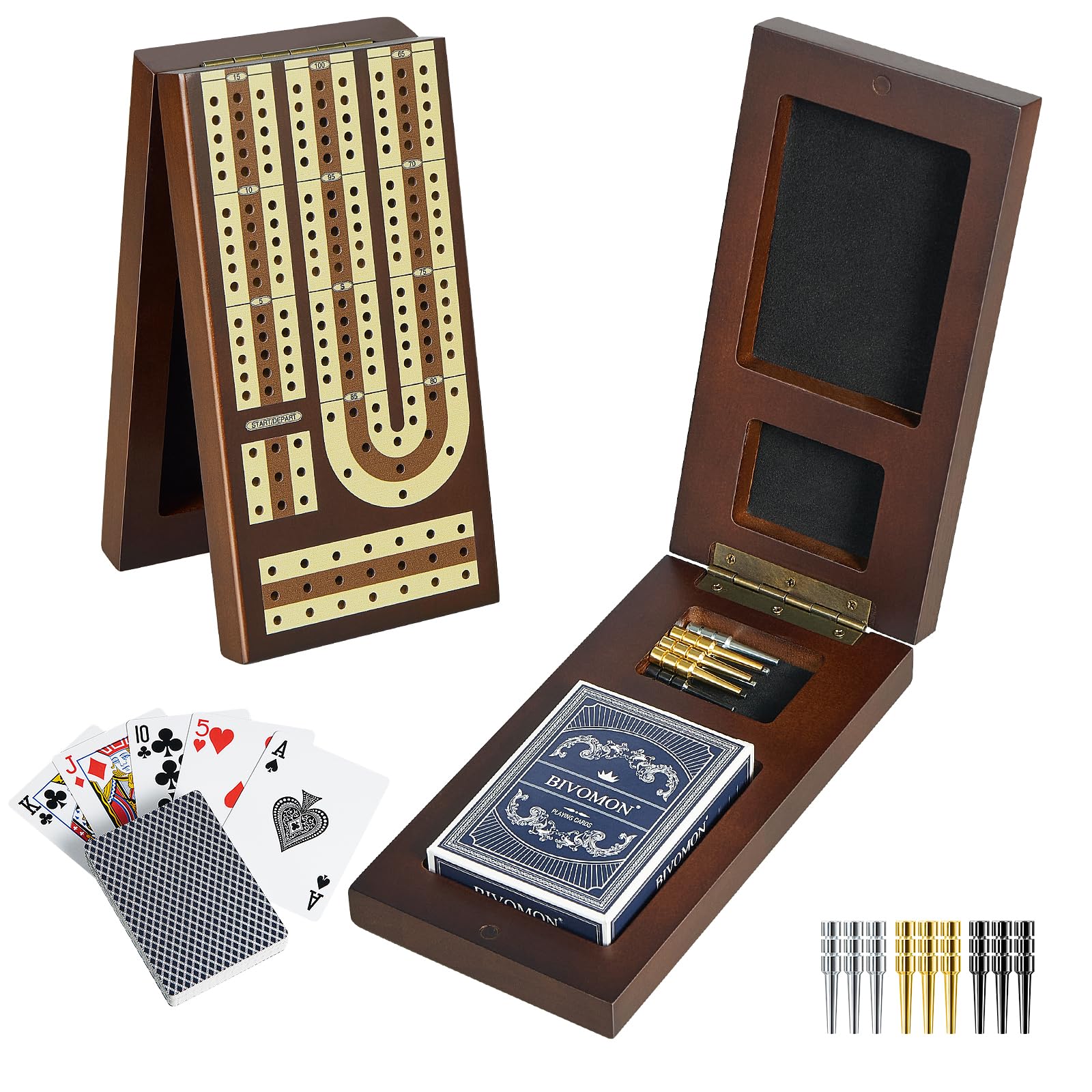 BIVOMON Foldable Cribbage Board Game Set, Travel Wooden Cribbage Board with Storage, Continuous 3 Track Board with Magnetic Closure, 9 Metal Pegs, Full Deck of Cards, Great for Family, Party Nights