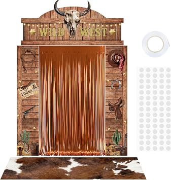 7 Pcs Western Cowboy Party Decorations Wild West Hanging Decor Brown Foil Fringe Backdrop Curtains Cowboy Door Banner Hanging Supplies Saloon Banner for Western Rustic Bar Photo Booth Props Favor