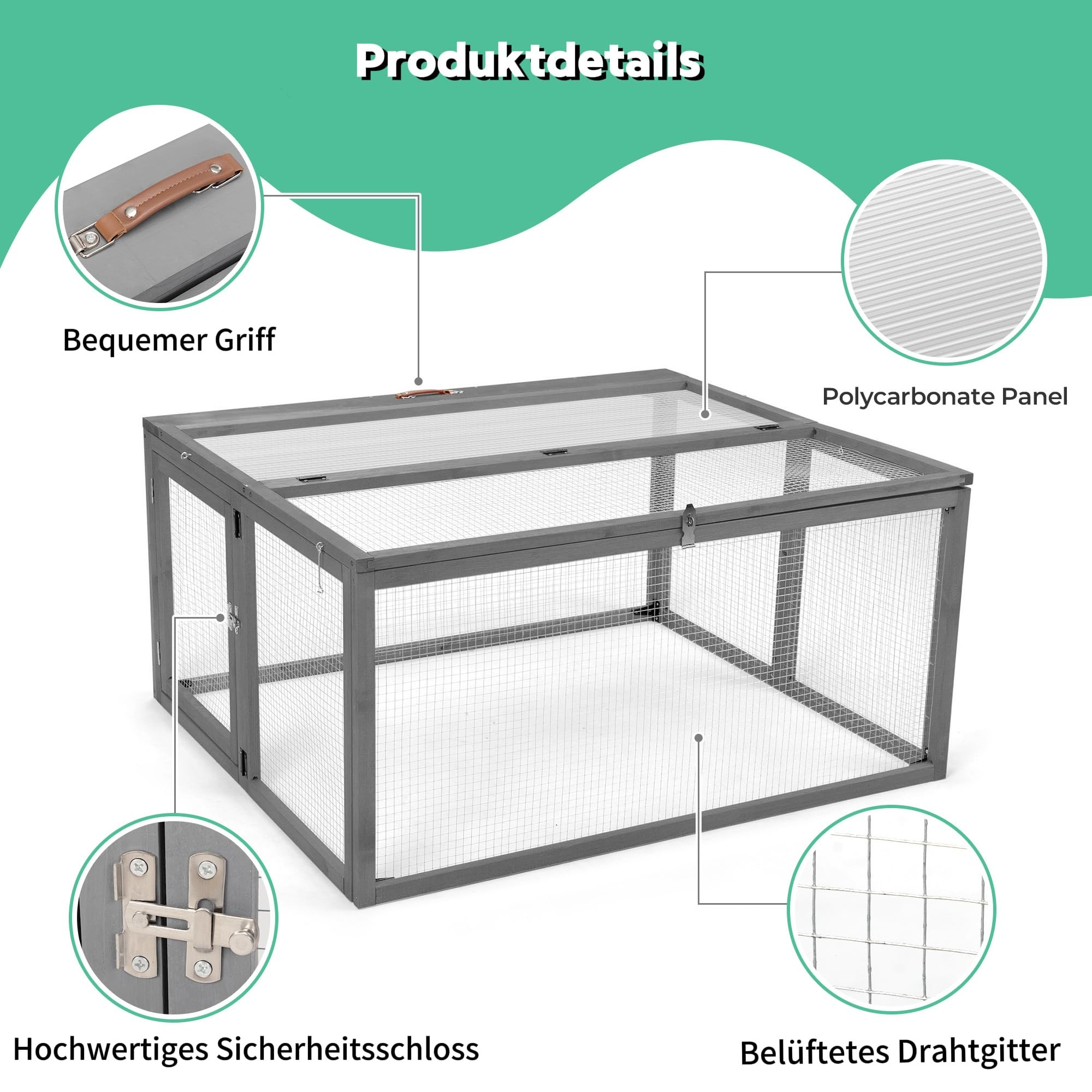 Kaninchenstall, Klappbarer Freilaufgehege aus Holz mit Sonnenplatte & Drahtgitter, 110x94x54 cm, Wetterfest für Kaninchen & Meerschweinchen im Außenbereich