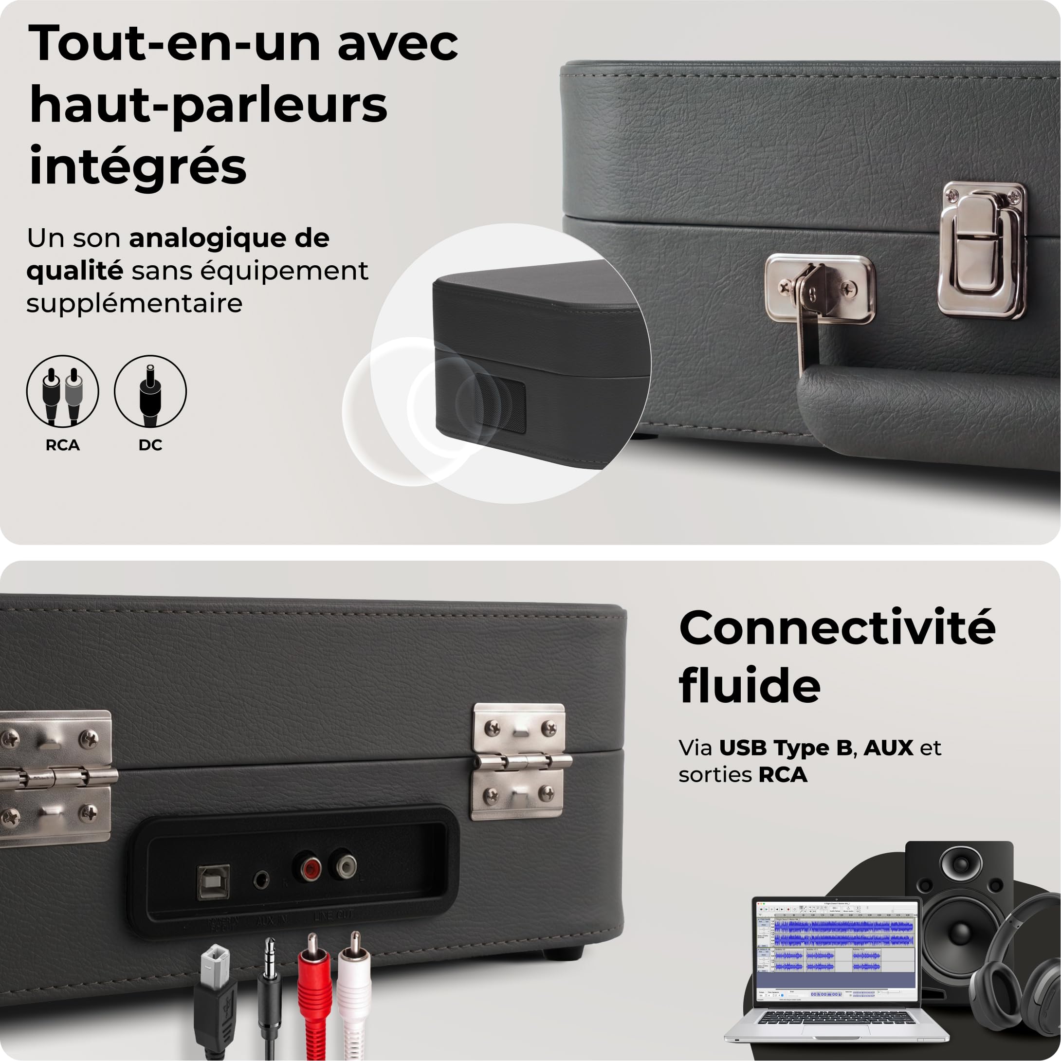 Denver VPL-130DGR Platine Vinyle Valise, Enregistrement USB vers PC, Haut-parleurs intégrés, Sortie RCA, Gris foncé