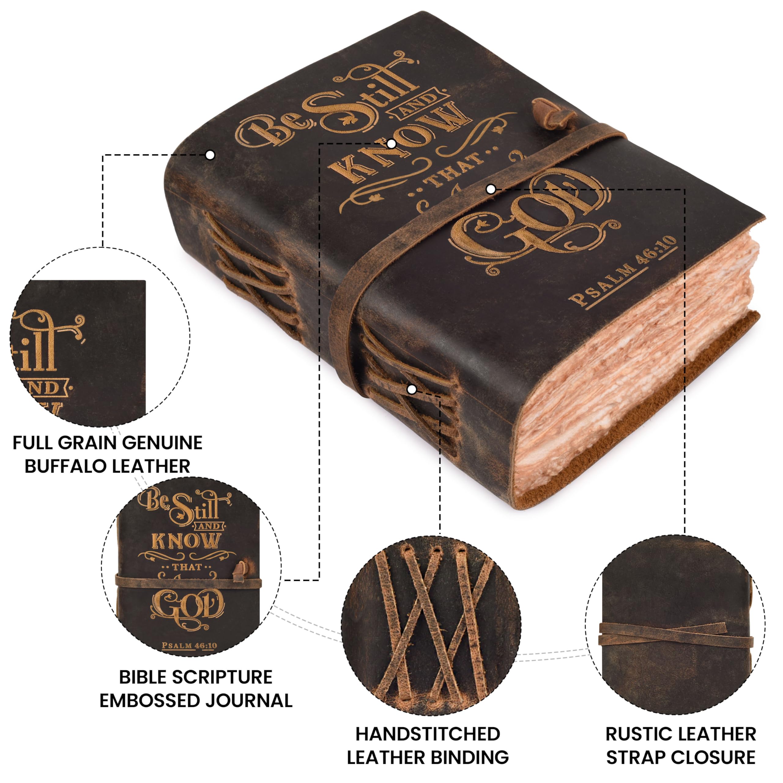 LEATHER VILLAGE Vintage-Leder-Tagebuch mit Psalm 46:10 Bibelvers – 20,3 x 15,2 cm, geprägtes Gebetsstudium-Tagebuch für Damen und Herren, 200 Seiten, handgefertigtes Baumwoll-Lippenrand
