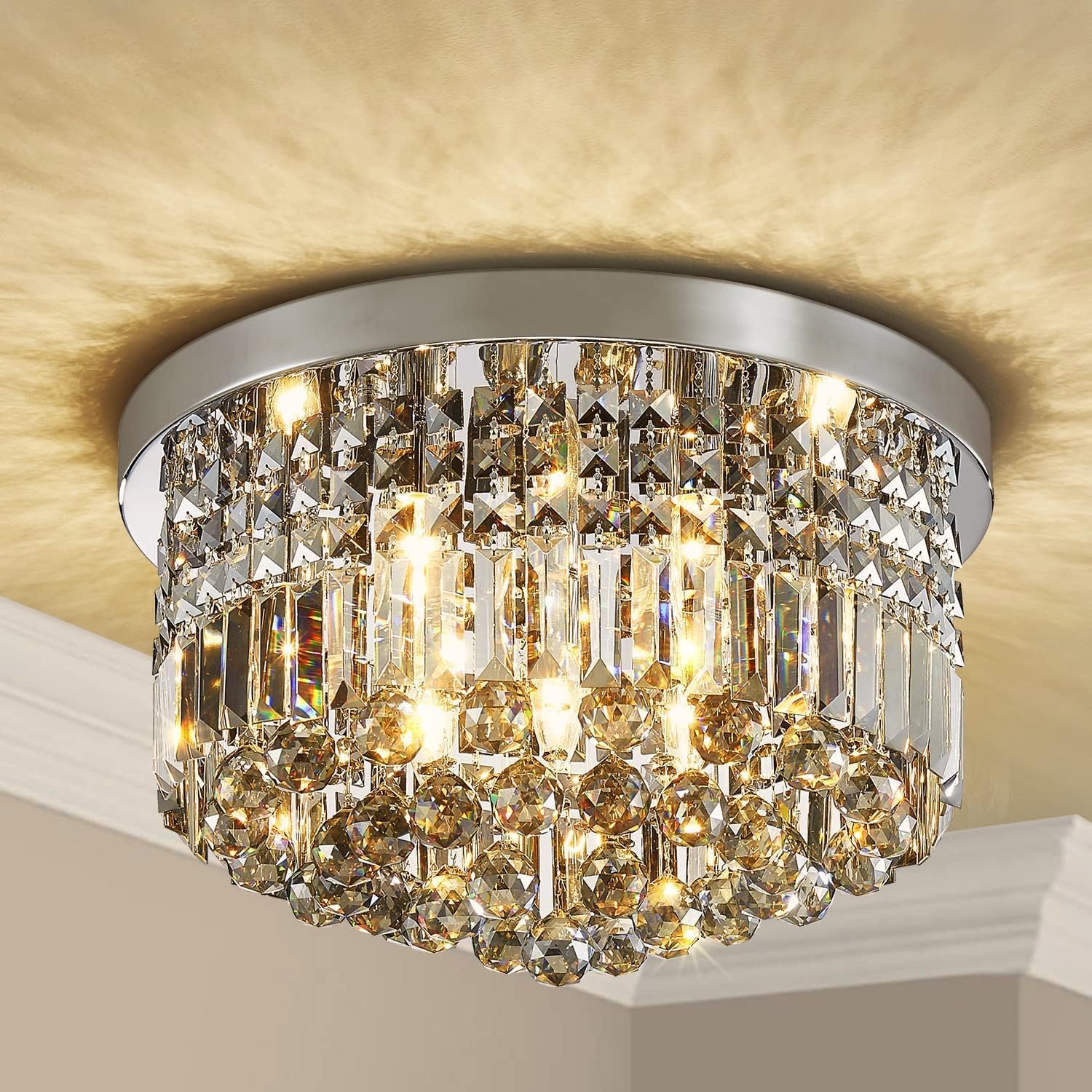 Saint Mossi 22003 nowoczesny kryształowy żyrandol krople deszczu, wpuszczana lampa sufitowa do przestrzeni życiowej, H28 X D51cm, 9 gniazd E14, kryształowy klosz z chromowaną ramą.