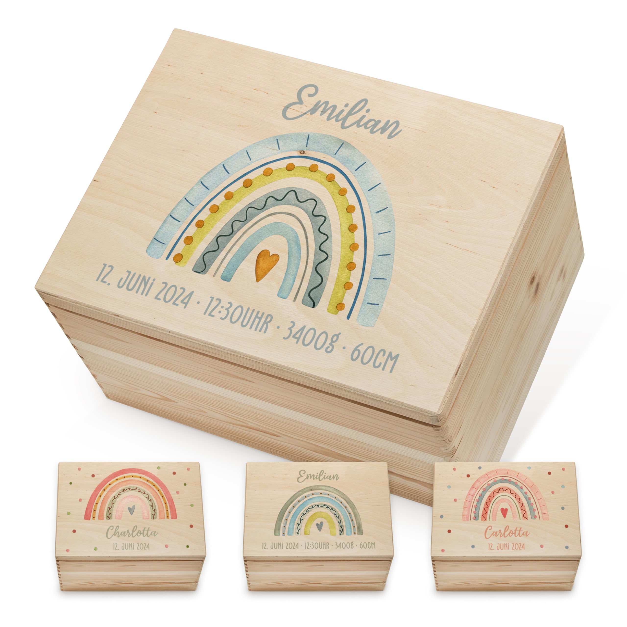 Lilletå ® Erinnerungsbox Regenbogen (001.07) - Erinnerungskiste Baby mit Hochwertigem Farbdruck - Kind Erinnerungsbox Holz - Geschenk Geburt Mädchen Junge