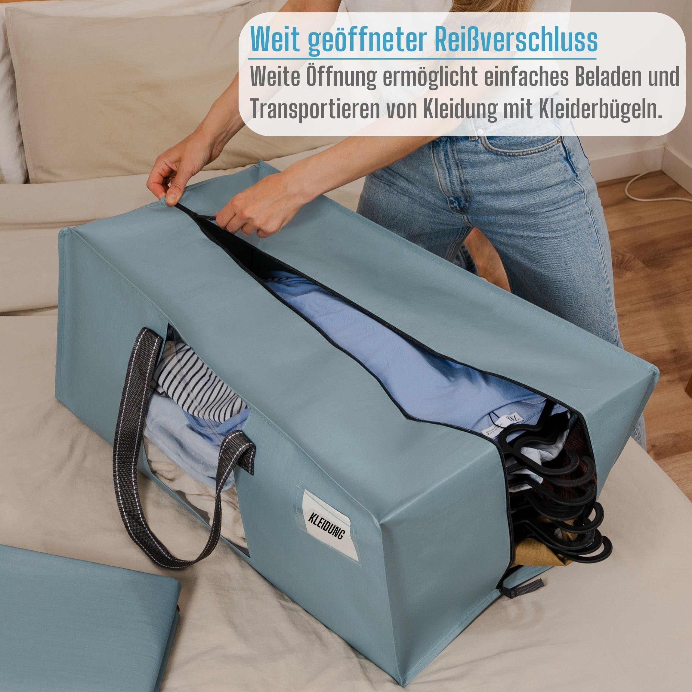 VENO 10er-Pack Umzugstaschen XXL (87 Liter) mit Sichtfenster,Aufbewahrungstasche mit Starken Griffen & Reißverschluss, Faltbare Alternative zu Umzugskartons für Kleidung & Bettwäsche (Hellblau)