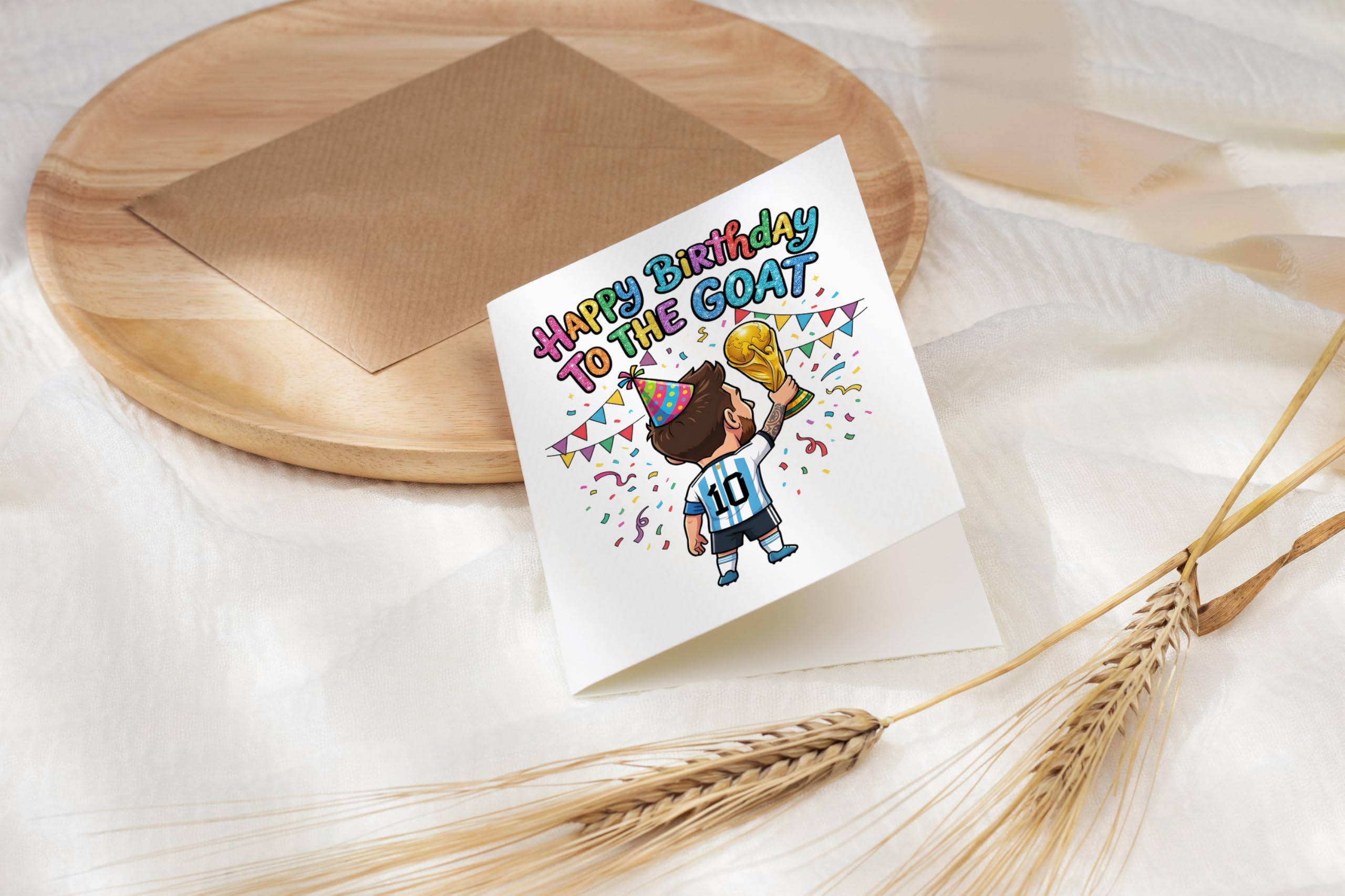 Mes.Si Birthday Card - Happy To The Goat Greeting - Argentina Football Soccer Fan Gift - World Cup Champion Trophy Illustration - Sports Legend Stationery