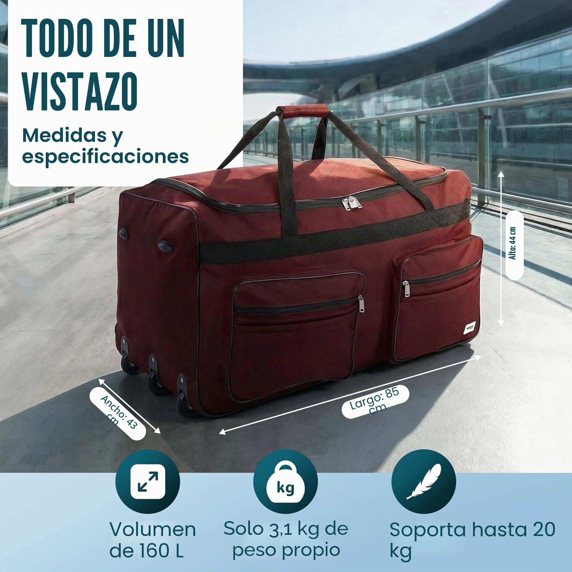 monzana® Bolso de Viaje XXL Rojo 160L 85x43x44 Ruedas Asa Telescópica Deporte Equipaje Función Trolley