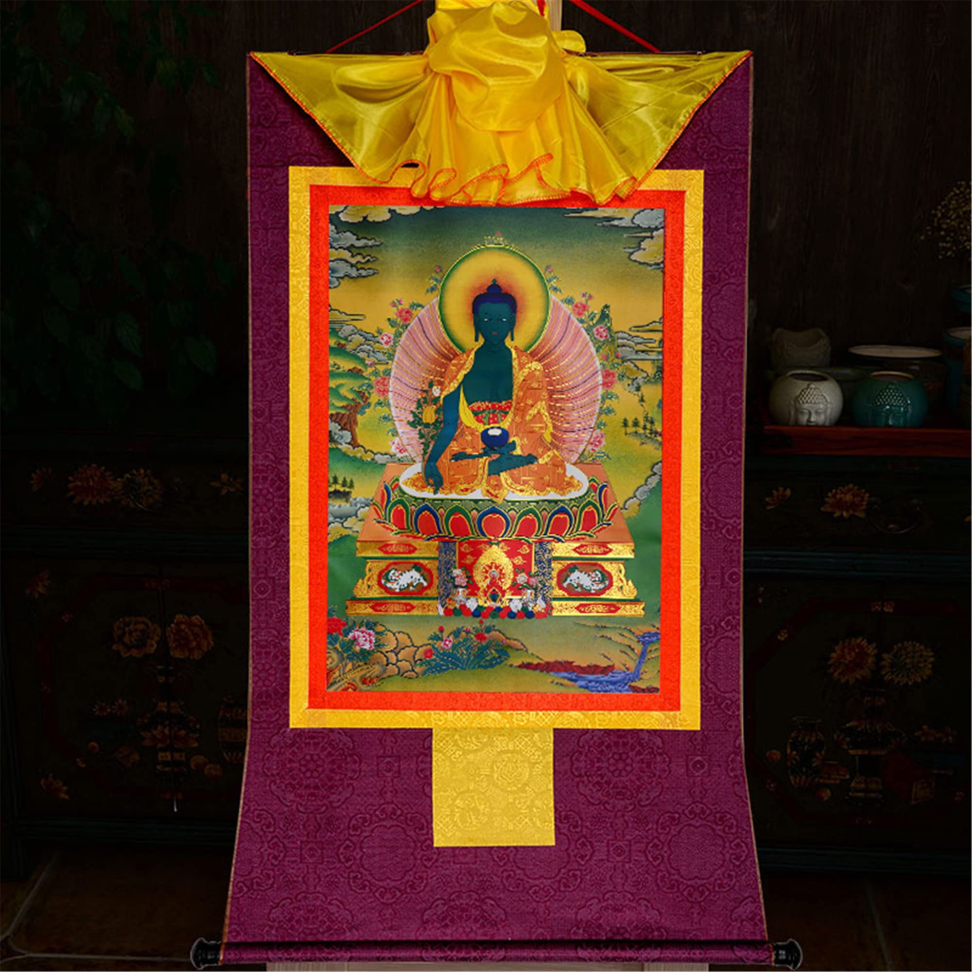 Thangka tibetano, pittura thangka, arazzo buddista, buddismo tibetano tantrico Thangka da appendere alla parete, Bhaisajyaguru, Buddha della medicina, arazzo buddista in broccato stampato a caldo for