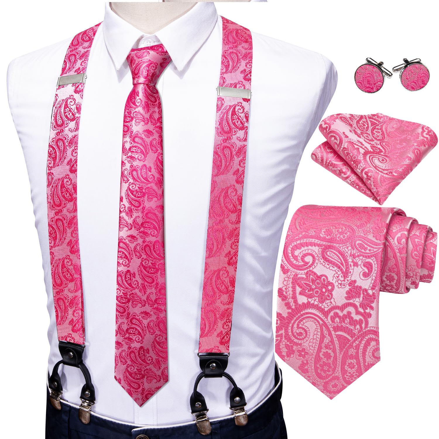 Barry.Wang Men Suspender Tie Sets Elastic Heavy 6 Clips Hanky Cufflink 5PCS | Classic Suspender Set for Man Necktie Y Type Adjustable Heavy Duty 6 Clips Braces Pocket Square Cufflinks Party
