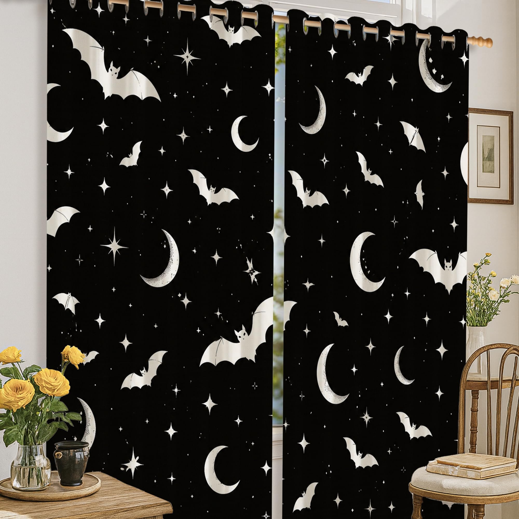 Rideaux occultants chauve-souris lavables en machine motif lune noir