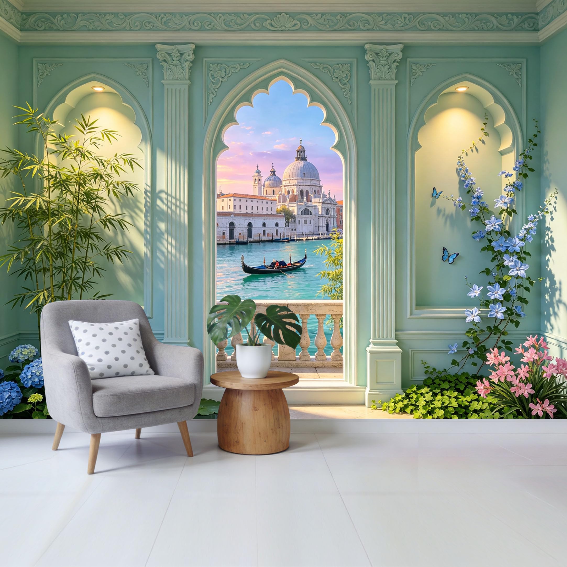 Removable Self Adhesive Fabric Mural， Venetian Canal Gondola Landscape 3D Trompe L'Oeil Custom Size Wall Covering， UV Protected Waterproof Washable Wall Decor for Living Room Bedroom