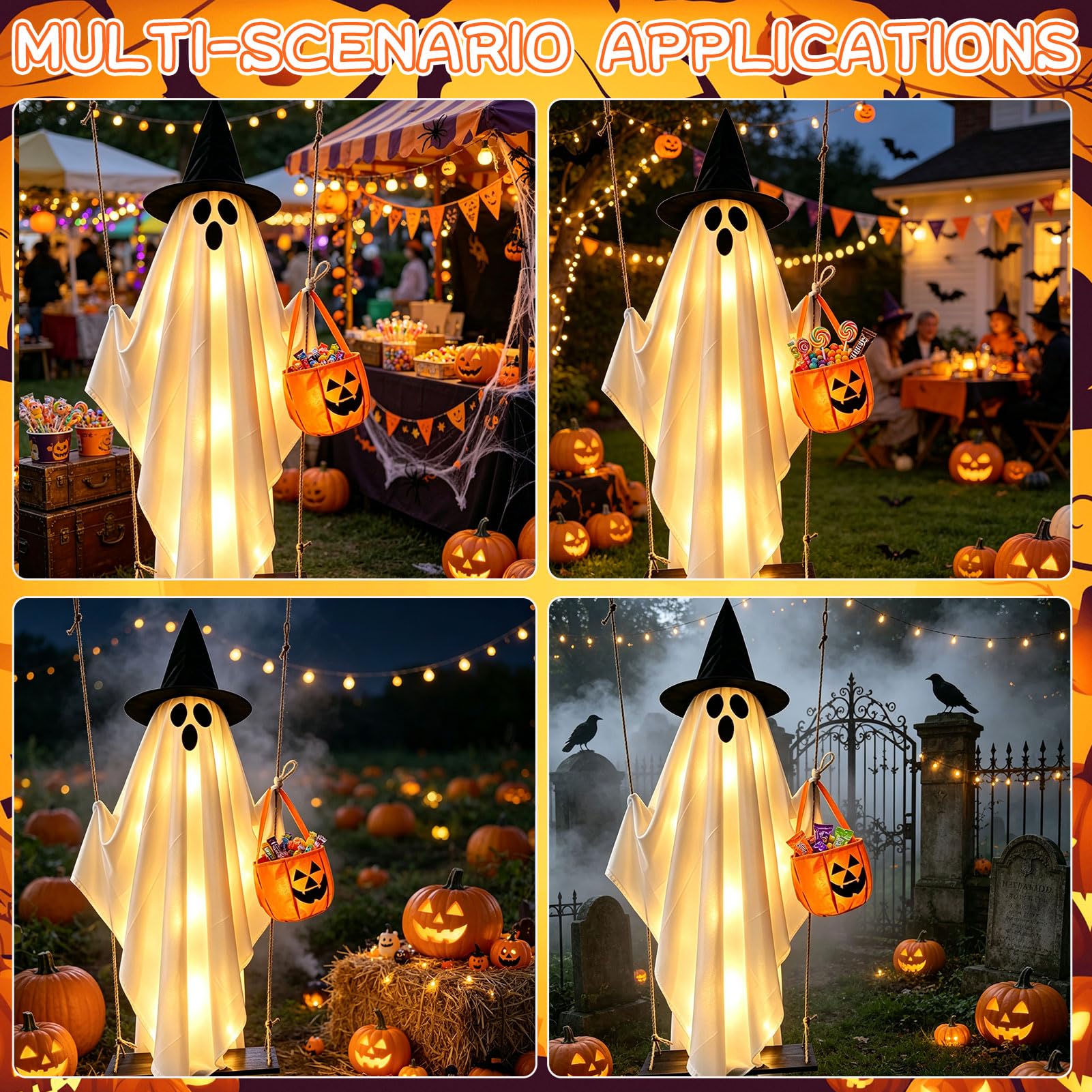 Halloween Deko Outdoor Leuchtend Geister Hängend mit Lichterkette 1.5M (A) | Hängende Geister Schaukel mit Kürbis Tüten, Gruselige Leuchtend Geist mit Hexenhut Auf Holzschaukel für Halloween Deko Garten