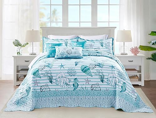 HZ & HY Colcha costera tamaño King extragrande, ropa de cama ligera para playa, colcha náutica, costuras reales, reversible, 6 piezas, KingCal King,