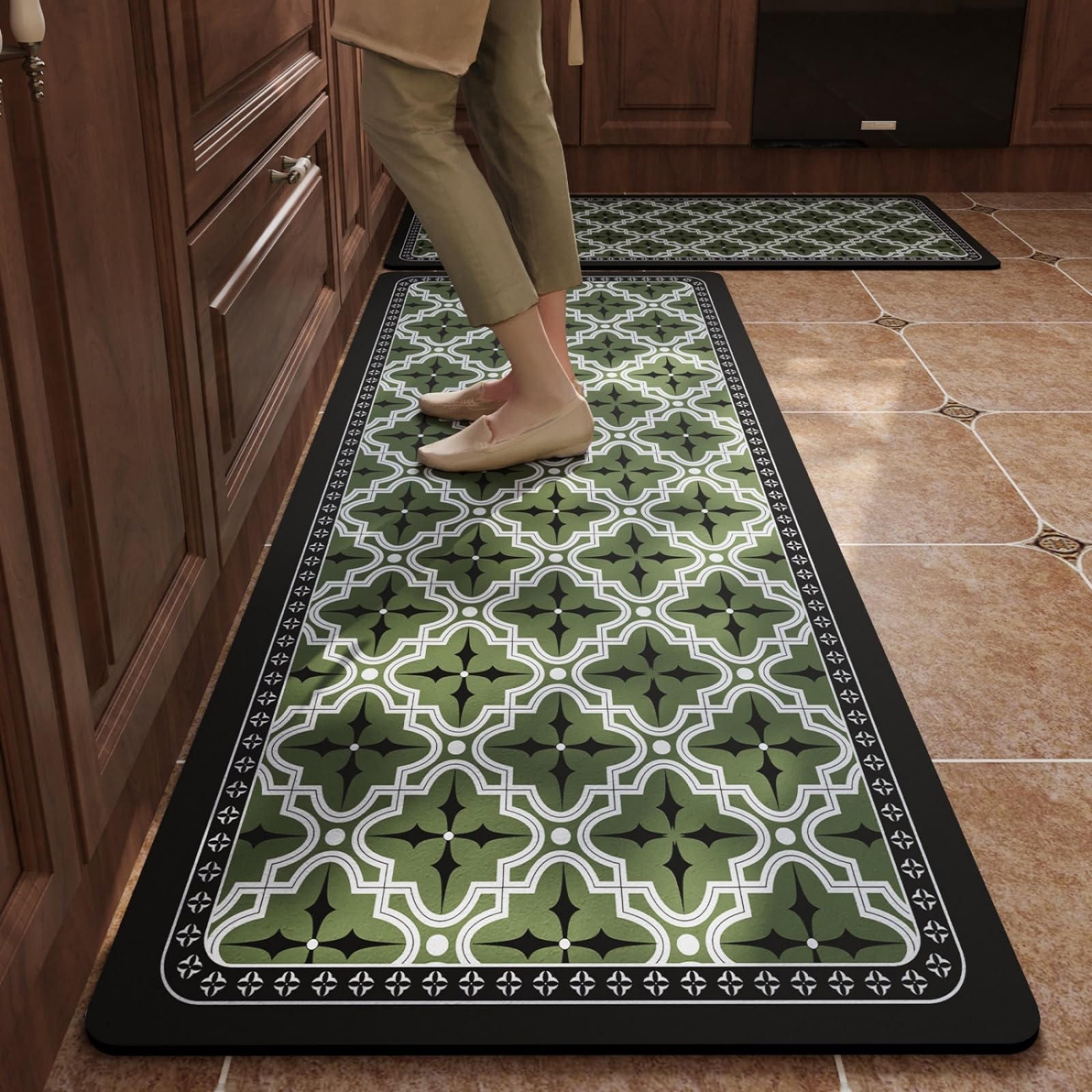 Tapis de cuisine 50x160 cm vert et noir | Lot de 2 tapis de sol lavables