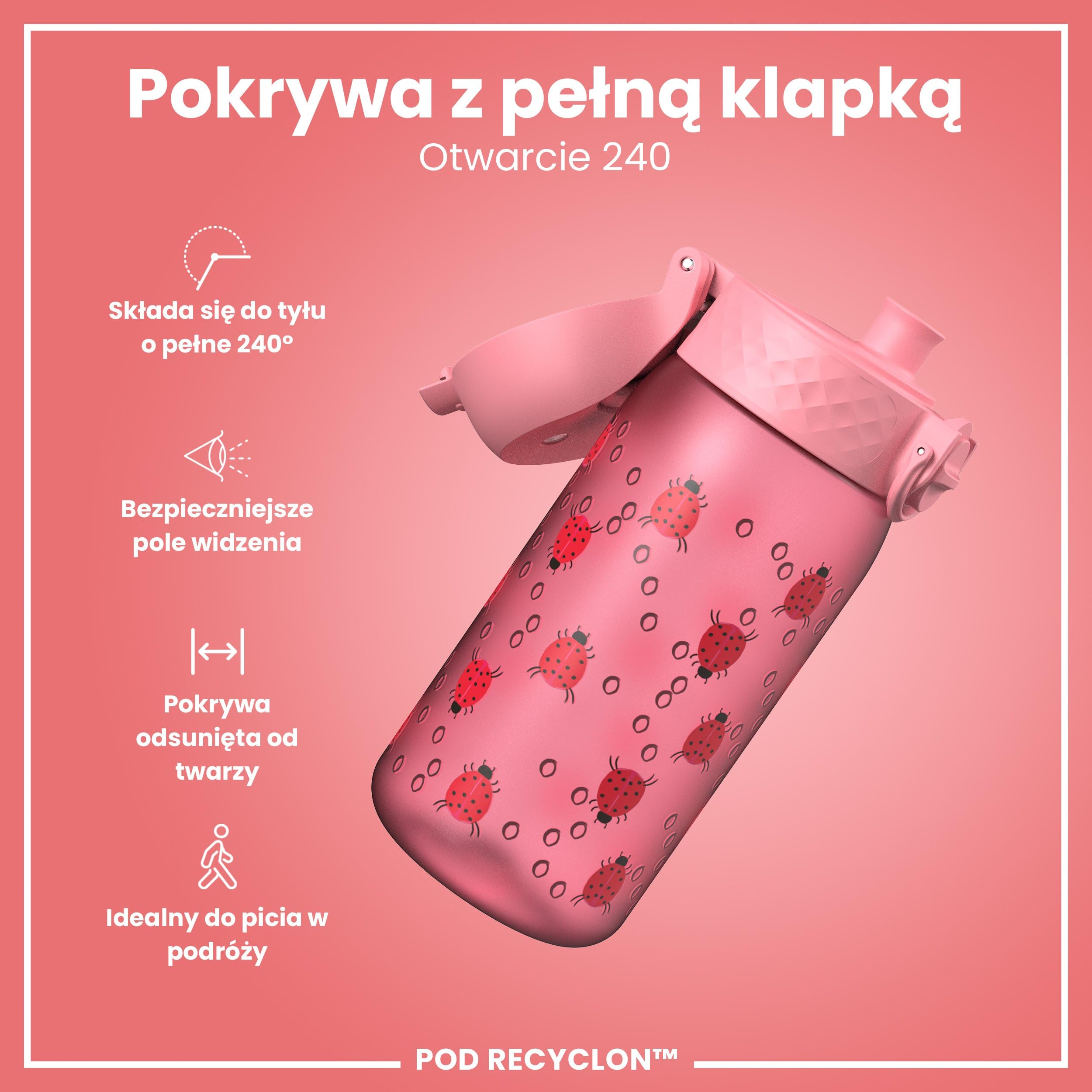 ION8 Butelka dla Dzieci, 350 ml/12 oz, Szczelna, Łatwa do Otwarcia, Bezpieczny Zamek, Można Myć w Zmywarce, Bez BPA, Uchwyt do Przenoszenia, Łatwa do Czyszczenia, Bezwonny, Biedronki