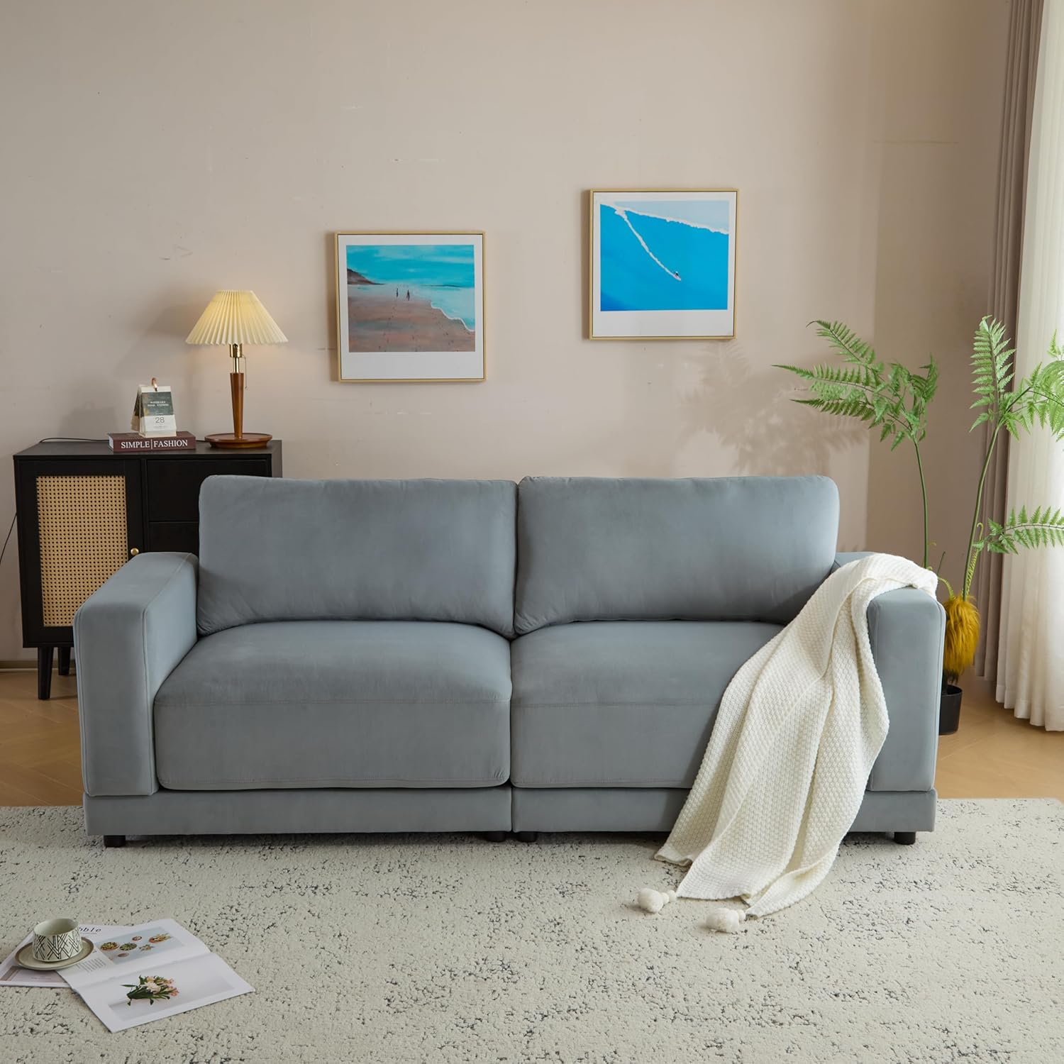espidoo 81" Modern Sofa with Velvet Upholstery: Contemporary Square Arm Design & High-Density Foam Cushions - Gray Living Room Furniture for Small Apartments & Home Office Spaces