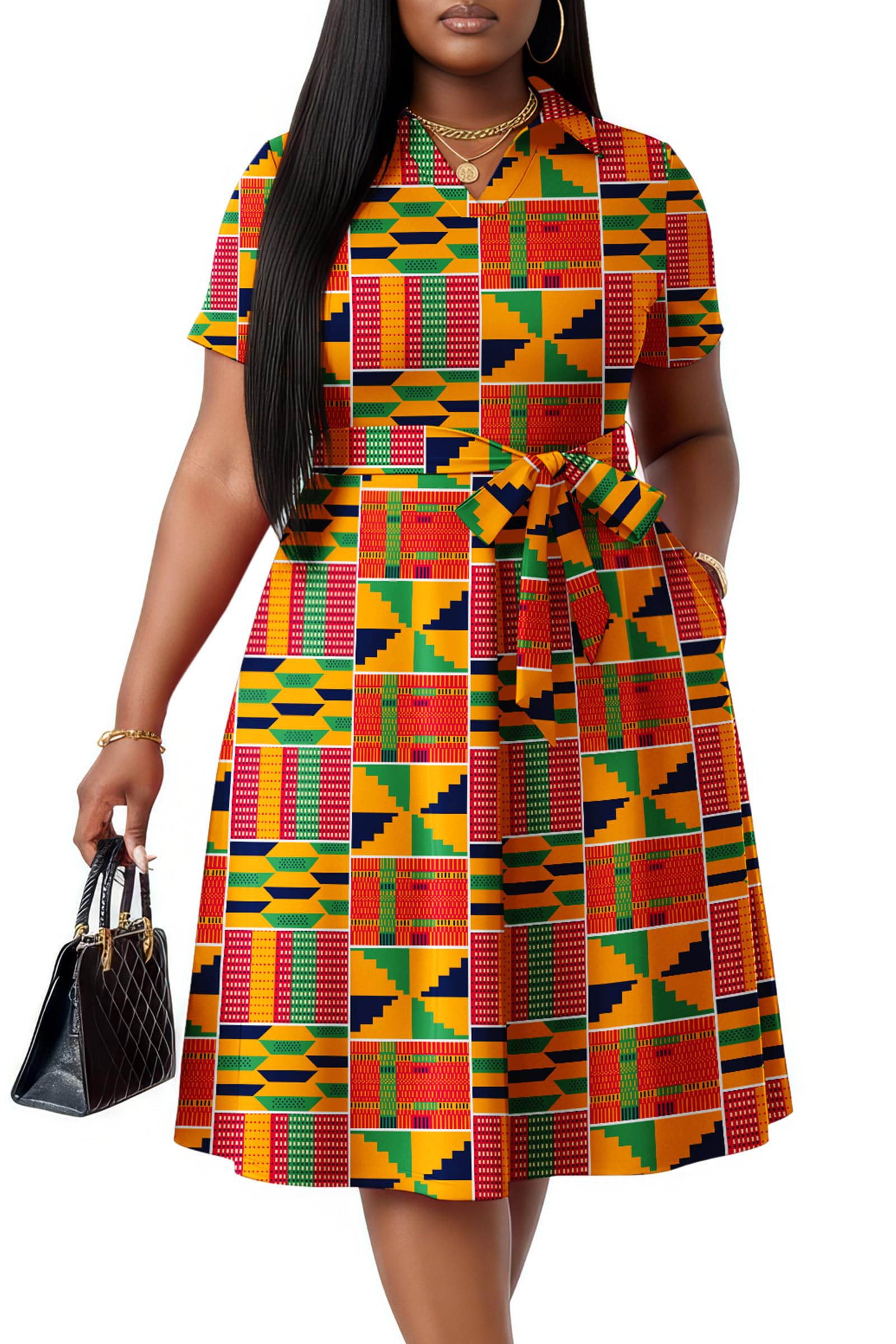 FANDEE Plus Size Dresses Women Summer Casual V Neck Short Sleeve A-Line Work Cocktail Shirt Midi Dress with