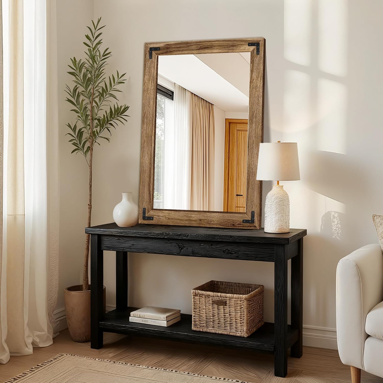 Wooden Bathroom Mirror for Wall, 38"x26" Solid Wood Frame Vanity Mirror, for Farmhouse, Bedroom, Living Room, Entryway Decor, Hangs Vertically or Horizontally
