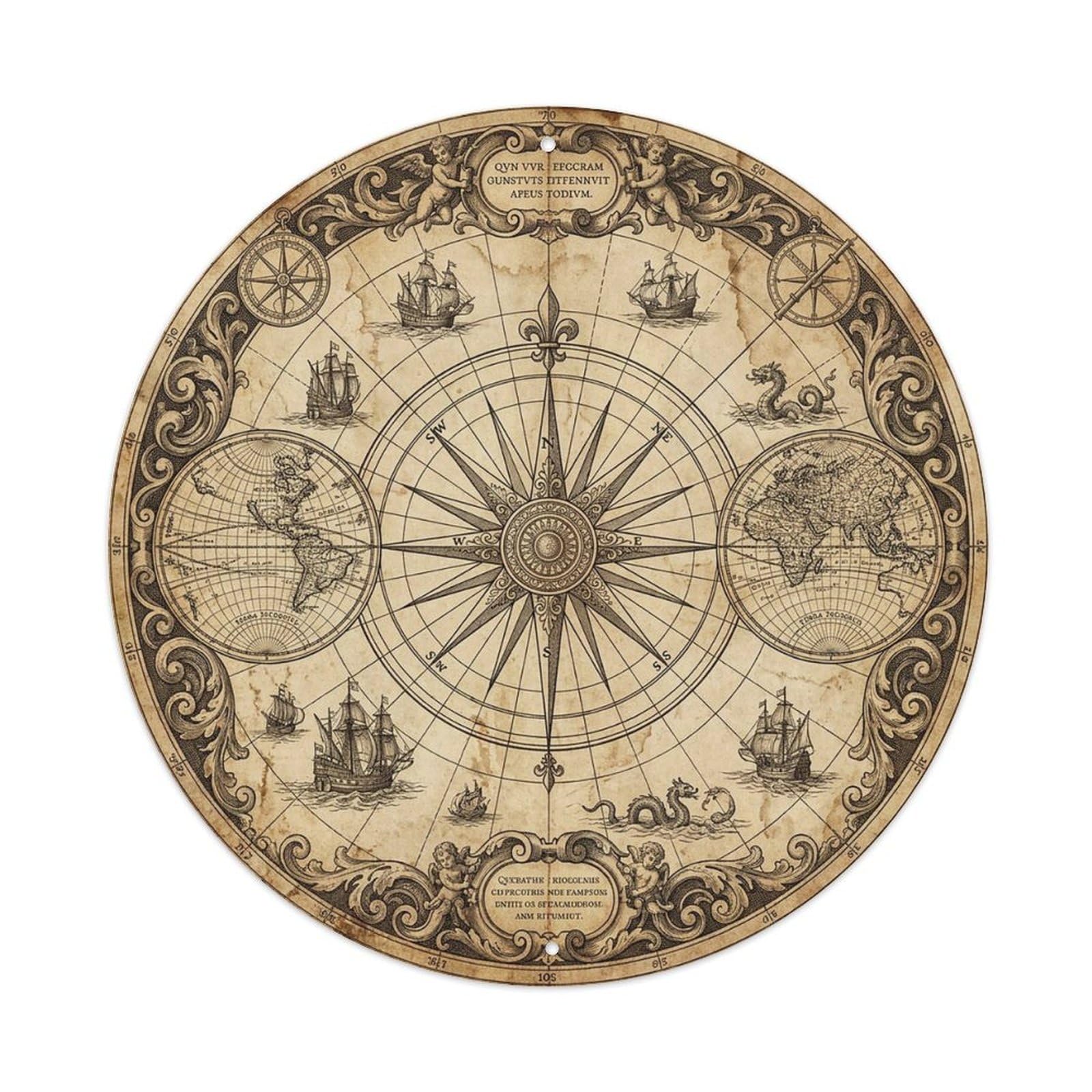 Vintage Nautical Compass World Map Historical Navigation Metal Tin Sign