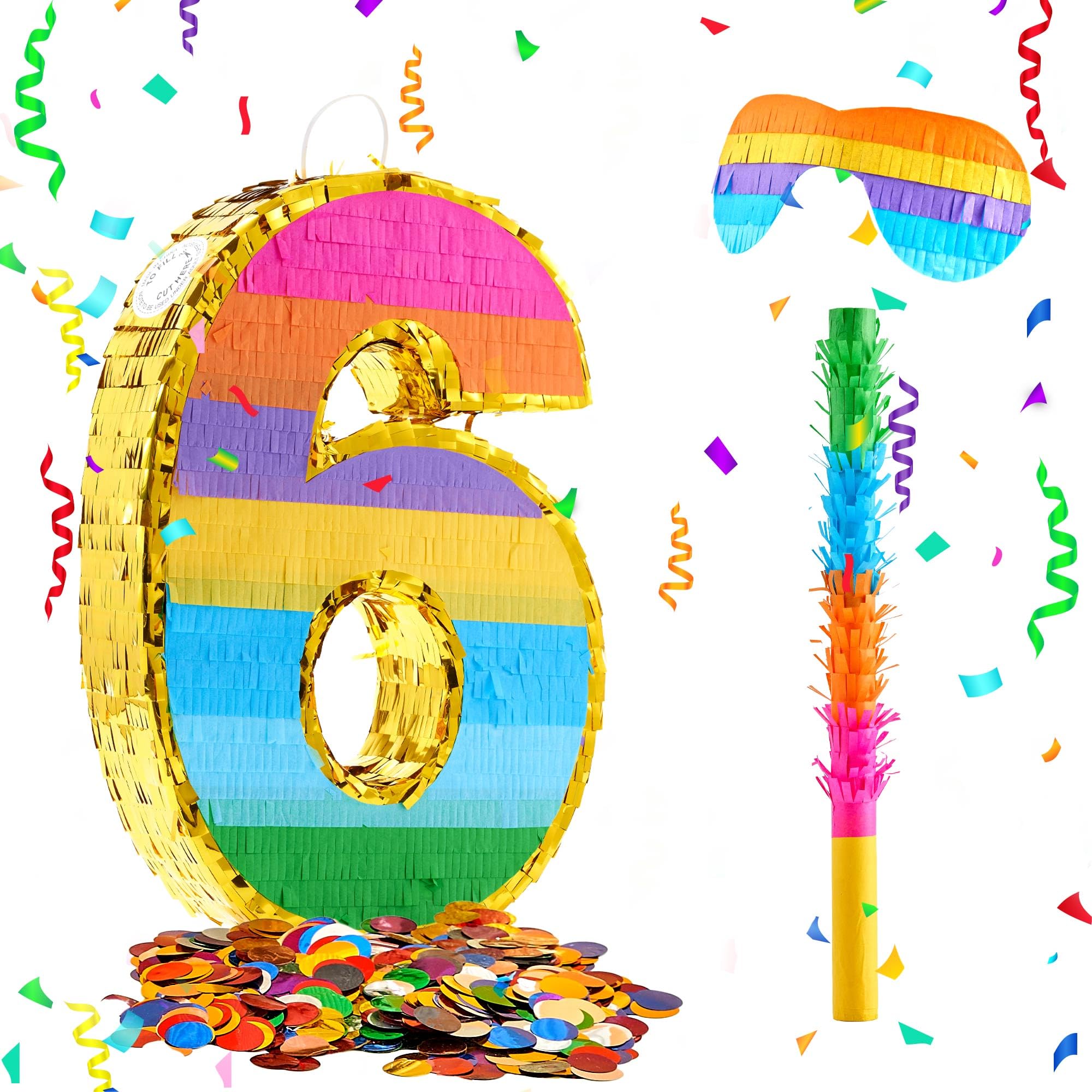 Rainbow Number 6 Pinata for 6th Birthday Party Decorations, Fiesta, Kids Anniversary Celebration, Birthday Pinata with Stick, Blindfold and Confetti (Small, 16.5 x 11.5 x 3 In)