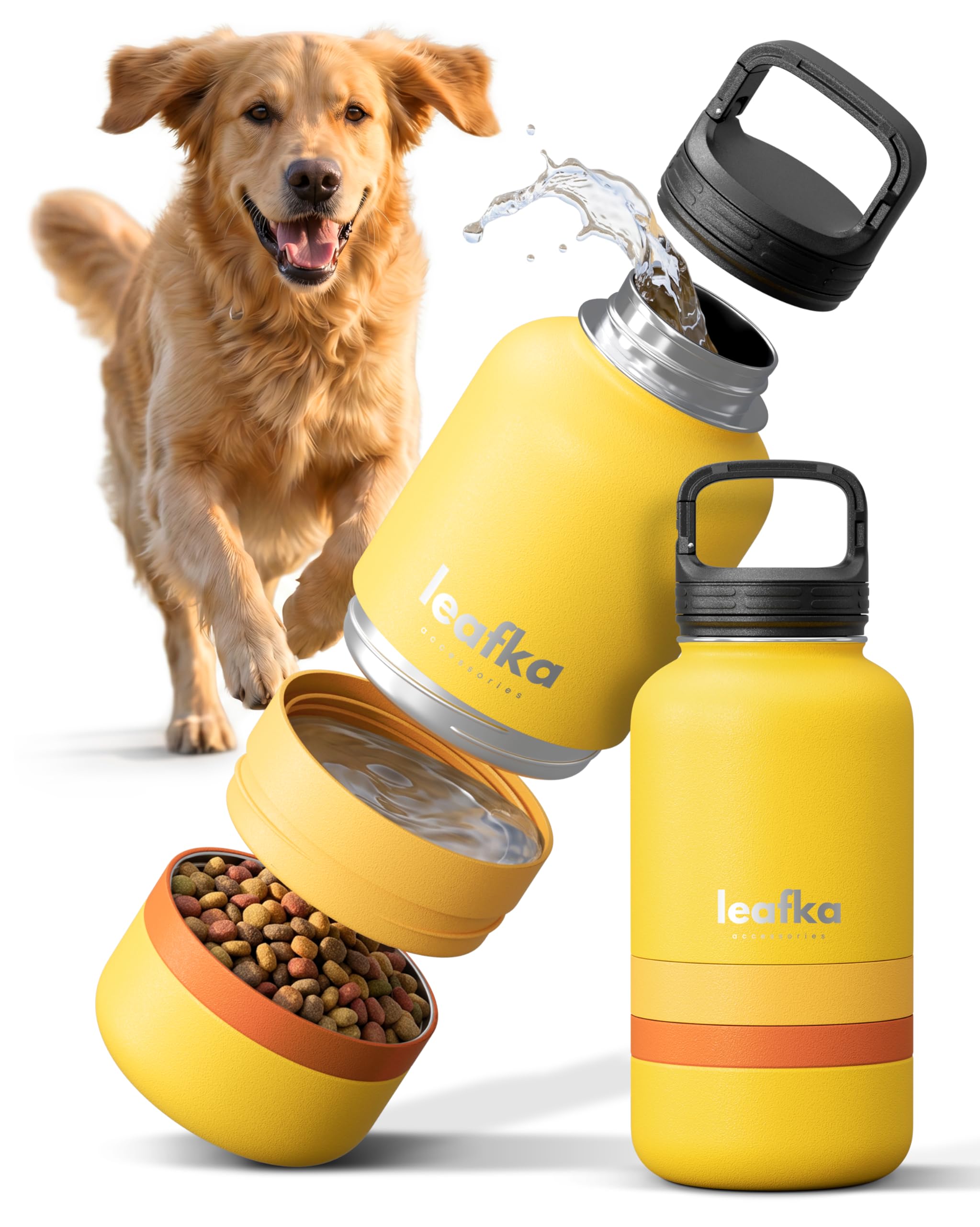3-in-1-Hundeflasche mit Wassernapf und Trockenfach, tragbare Reiseflasche für Hunde und Katzen, Transportflasche für Wasser und Tierfutter (gelb)