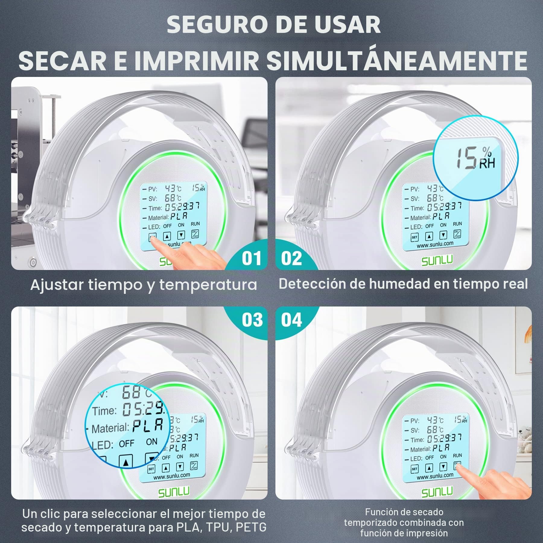 SUNLU Caja de secador de filamentos para impresora 3D, mantiene los filamentos secos durante la impresión 3D, calefacción completa de 360°, gran pantalla táctil LCD, compatible con filamento de 1,75