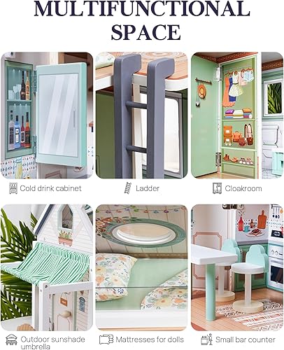 Miniatura 5 de ROBOTIME Casa de muñecas, casa de muñecas de madera con ruedas para niñas, juego de casa de muñecas móvil con más de 10 accesorios de muebles,