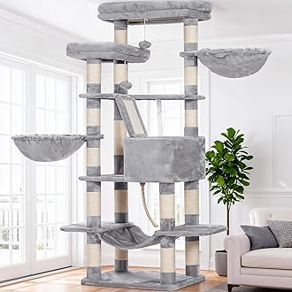 Heybly Cat Tree, 68 inch Multi-Level Cat Tower for Indoor Cats, 2 Widened Plush Perches Cat Condo with Scratching Board and Big Caves, Light Gray HCT025W