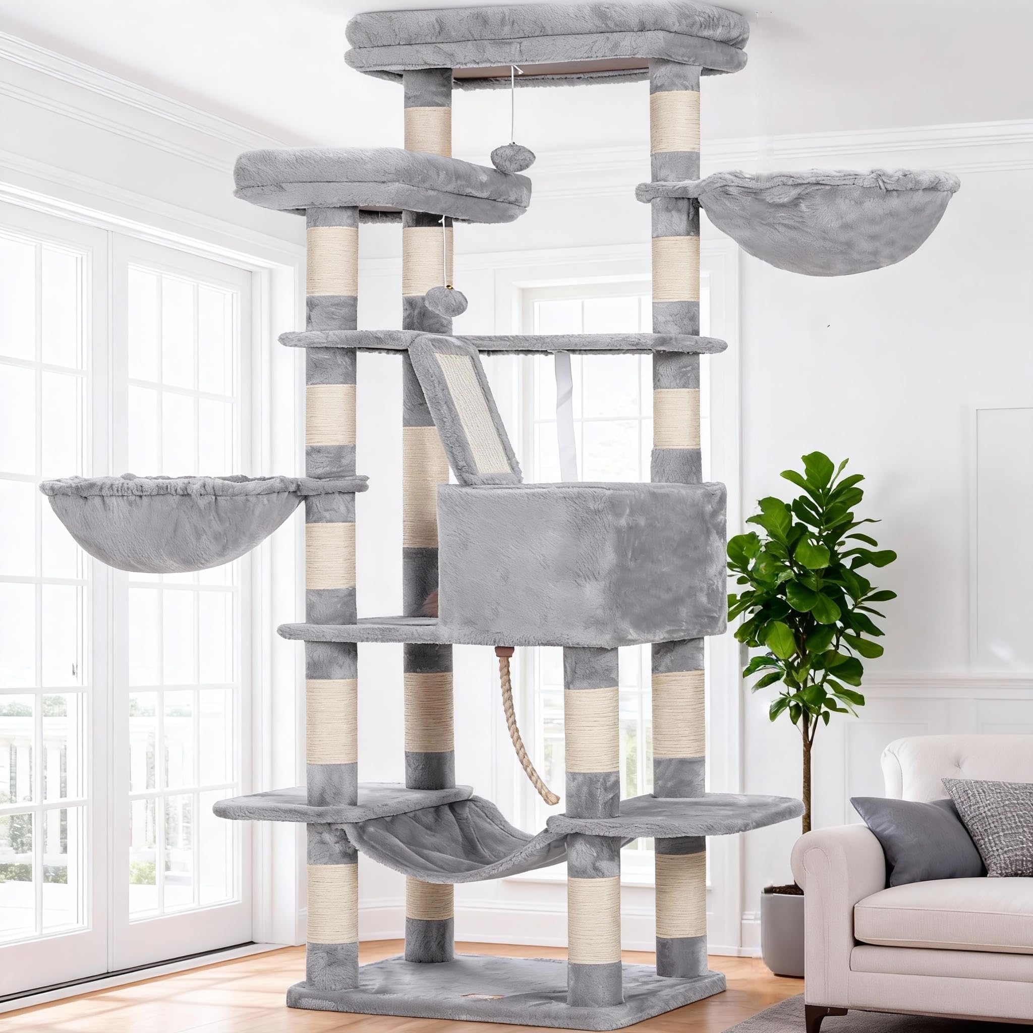 Cat Tree, 68 inch Multi-Level Cat Tower for Indoor Cats, 2 Widened Plush Perches Cat Condo with Scratching Board and Big Caves, Light Gray HCT025W