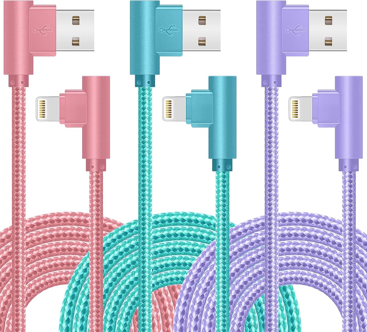 APFEN Cable Lightning Cargador de iPhone 10 pies, paquete de 3 90 grados para iPhone 14 | Cable de carga trenzado de nailon largo y fuerte, certificado MFi, compatible con iPhone 13/12/11/Pro/X/XS/XR/8/7/6/5S/SE