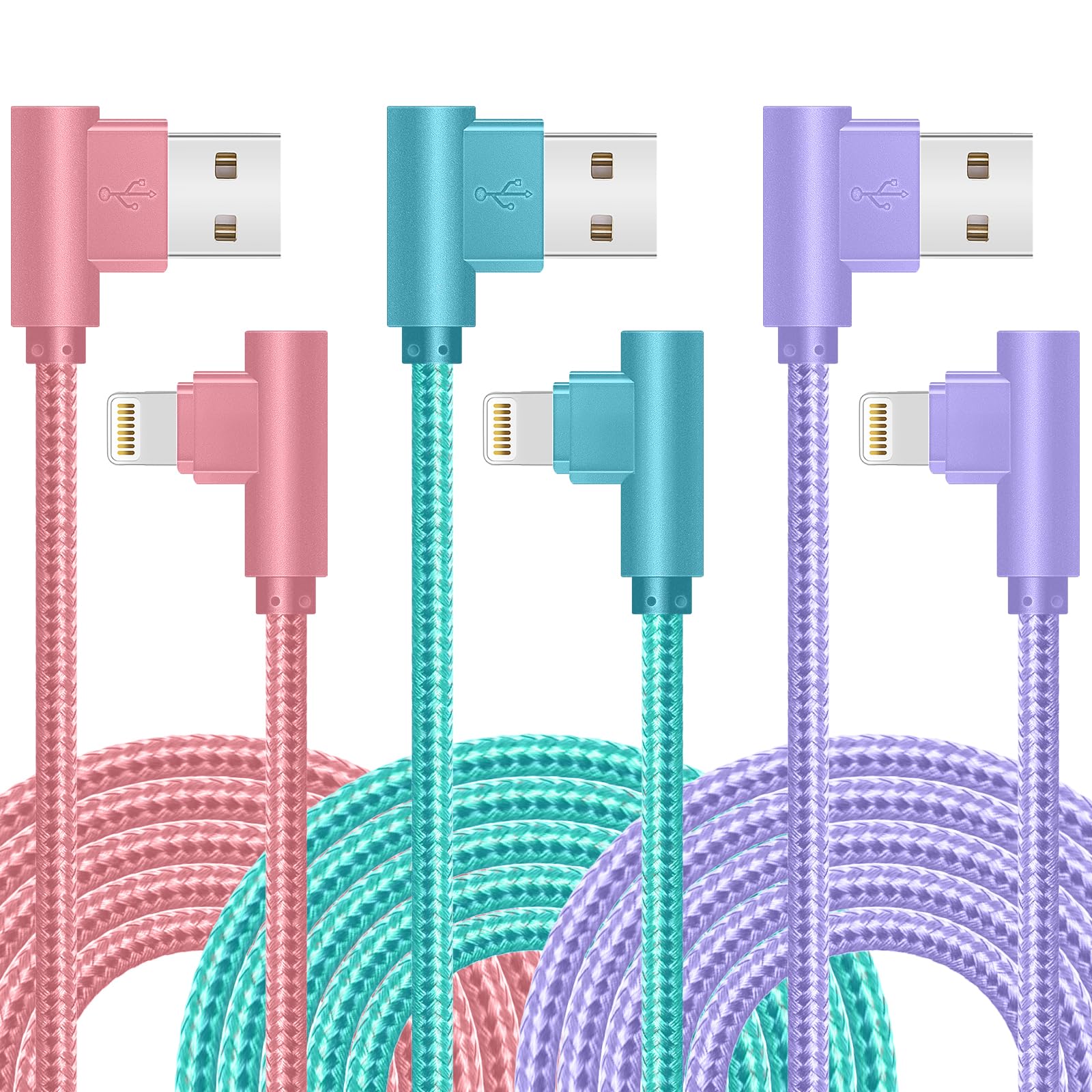 APFEN Cable Lightning para iPhone de 10 pies, paquete de 3 unidades de 90 grados de largo, cable de carga trenzado de nailon resistente, certificado MFi, compatible con iPhone 13/12/11/Pro/X/XS/XR/8/7