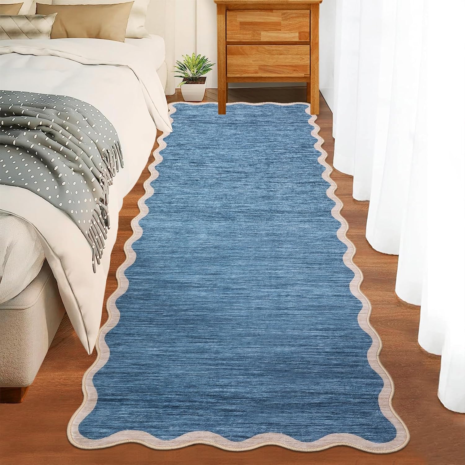 GarveeHome Scalloped Washable Runner Rugs 2x6 Rug Runner Modern Non Slip Kitchen Rugs Indoor Entryway Rug Farmhouse Soft Bath Mat Stain Resistant Carpet for Bedroom Hallway Laundry 2 ft x6 ft Blue Blue 2' x 6' (Runner)