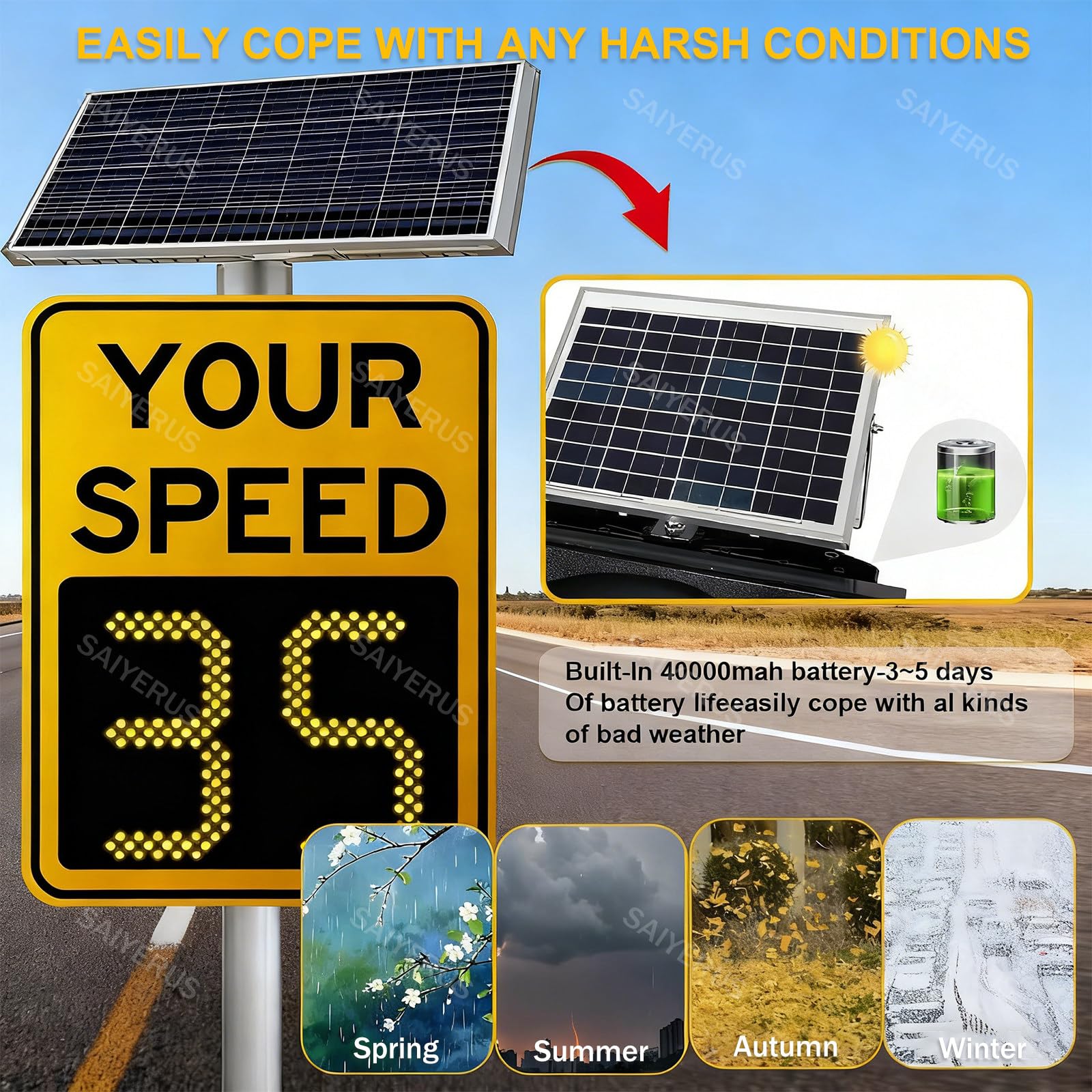 Señal de velocidad de radar solar, pantalla LED de advertencia de tráfico con control remoto, detector de velocidad de 1 a 199 mph para seguridad vial, señal de retroalimentación de límite de