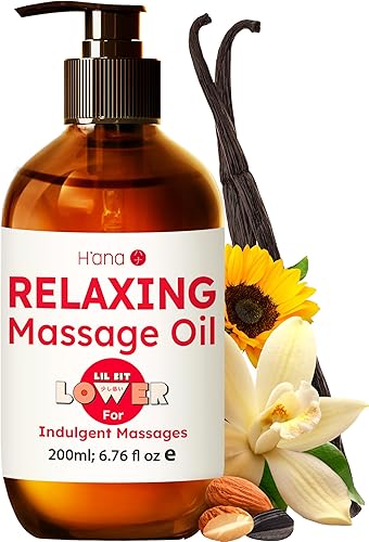 H'ana Aceite de masaje relajante – 6.76 onzas líquidas – 100% puro y natural para calidad de spa corporal de vainilla, calmante y dolorido aceite de