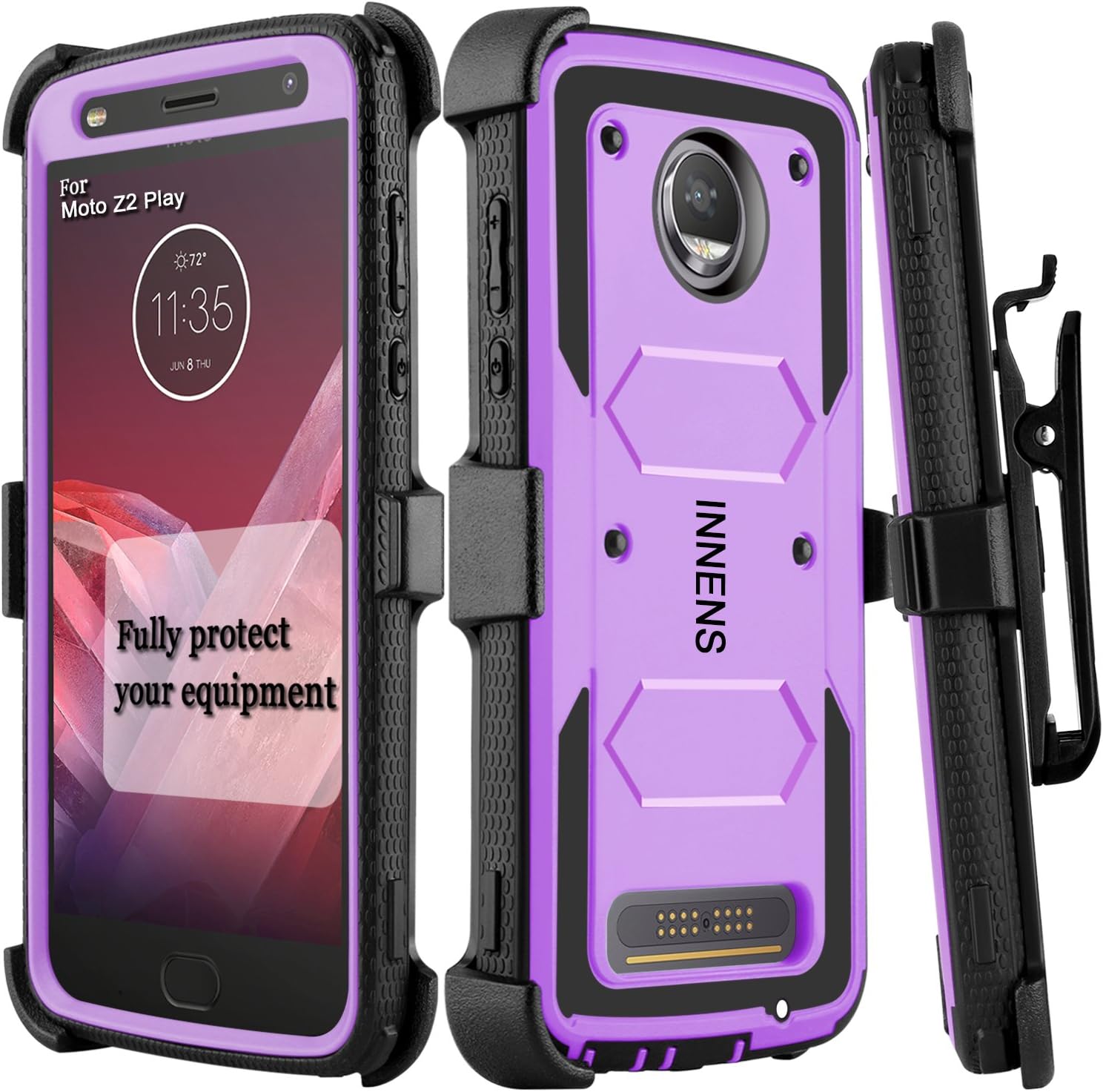 Innens Compatible Moto Z2 Force/Z Force 2017 / Moto Z2 Play Case, Hybrid Heavy Duty Anti-Scratch Shockproof Protective Case with Kickstand Belt Clip Compatible Moto Z2 Play (Purple)