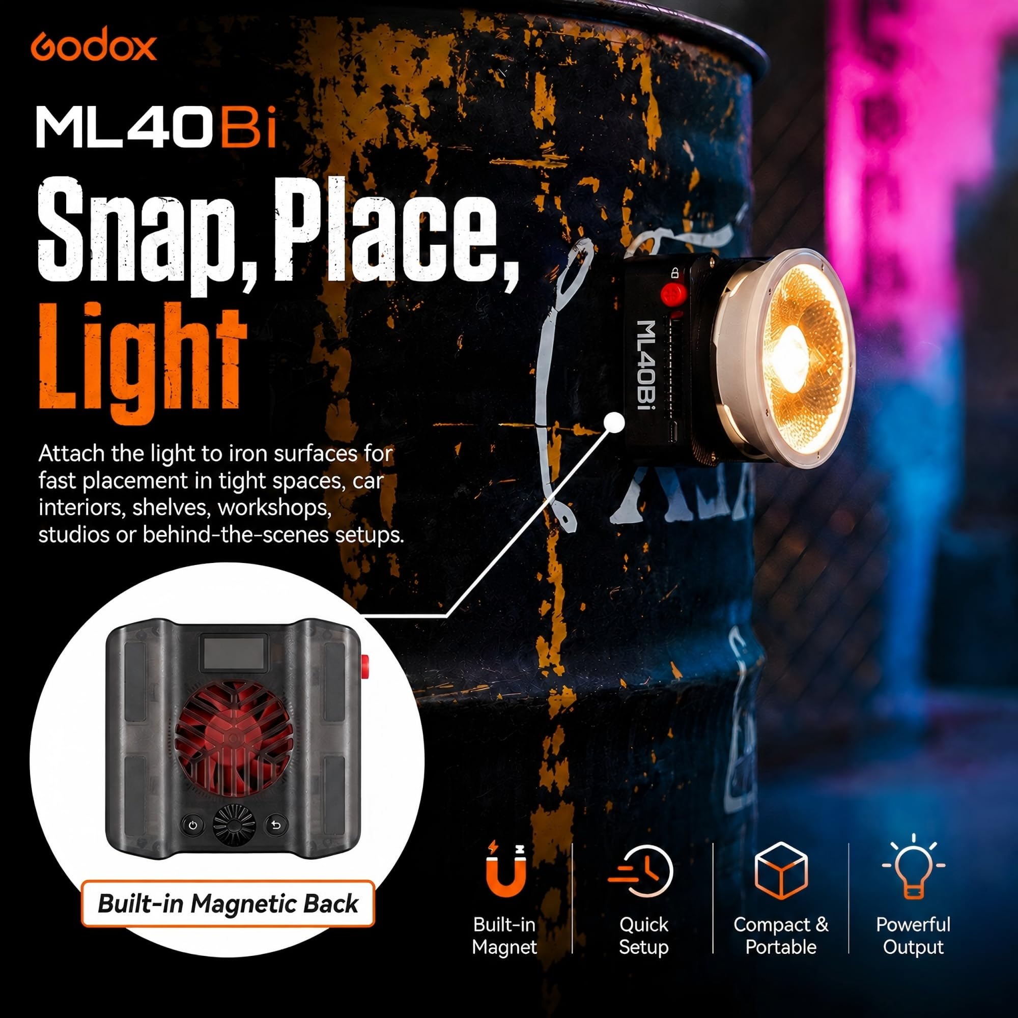Godox ML40Bi LED-videolicht, dwukolorowe, 26400 luksów @ 1 m z reflektorem ML-L10, 2800 K-6500 K, CRI/TLCI 96+, 11 efektów FX, NFC-app, uchwyt Godox, USB-C do vlogowania