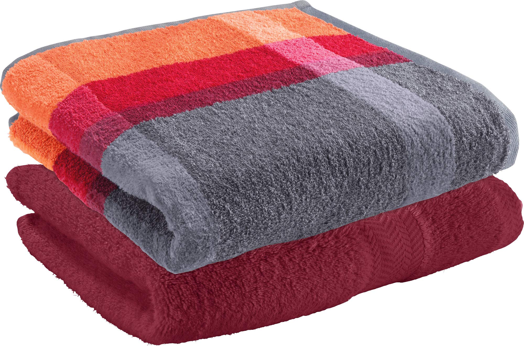 Erwin Müller Duschtuch-Set Streifen 2er-Pack Walk-Frottier Bordeaux/orange/grau Größe 70x140 cm