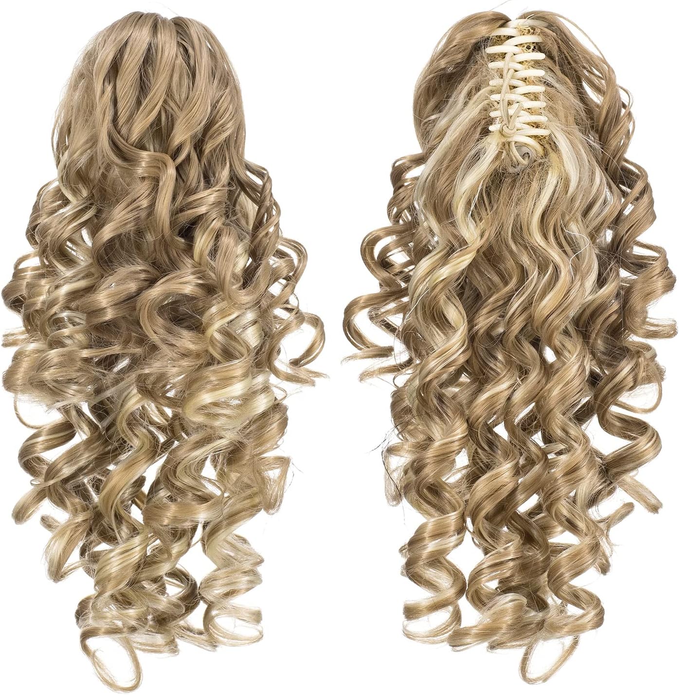SWACC 12-Inch Short Screw Curls Claw Clip Ponytail Extensions Synthetic Clip in Drawstring Curly Ponytail Hairpiece Jaw Clip Hair Extension (Beige/Blonde Mixed-24H613#)