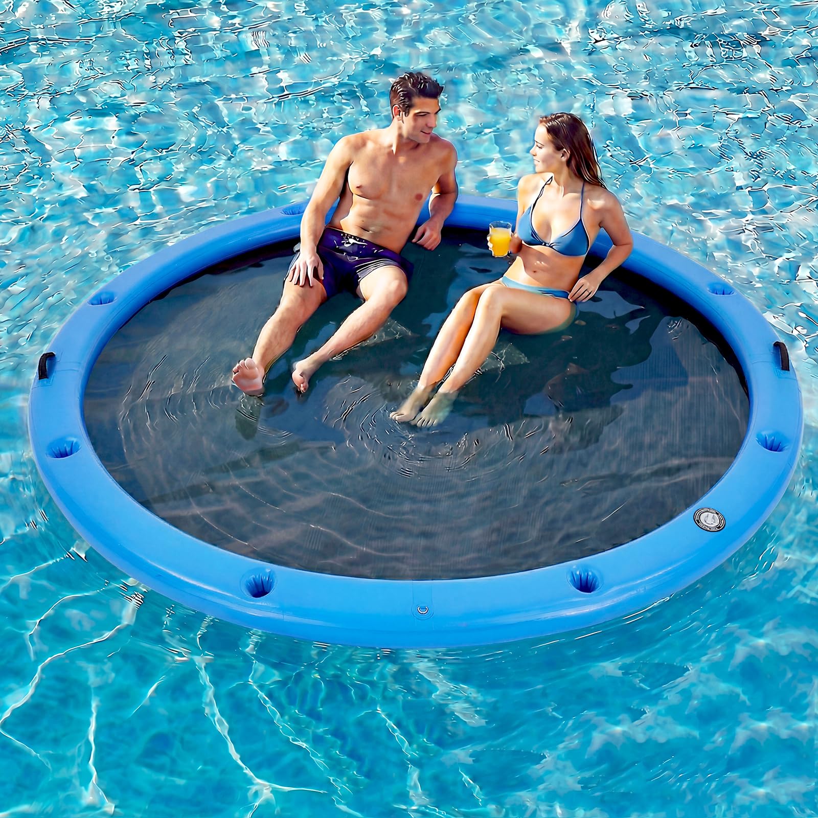 Photo 1 of Danrelax 10' Round Inflatable Floating Dock with Cup Holders, Sunchill Float Ring, Hammock Tanning Pool with 4in Woven Fabric, Manual Pump for 1-2 Min Quick Inflate/Deflate, Fits 2-8, Ideal for Lakes